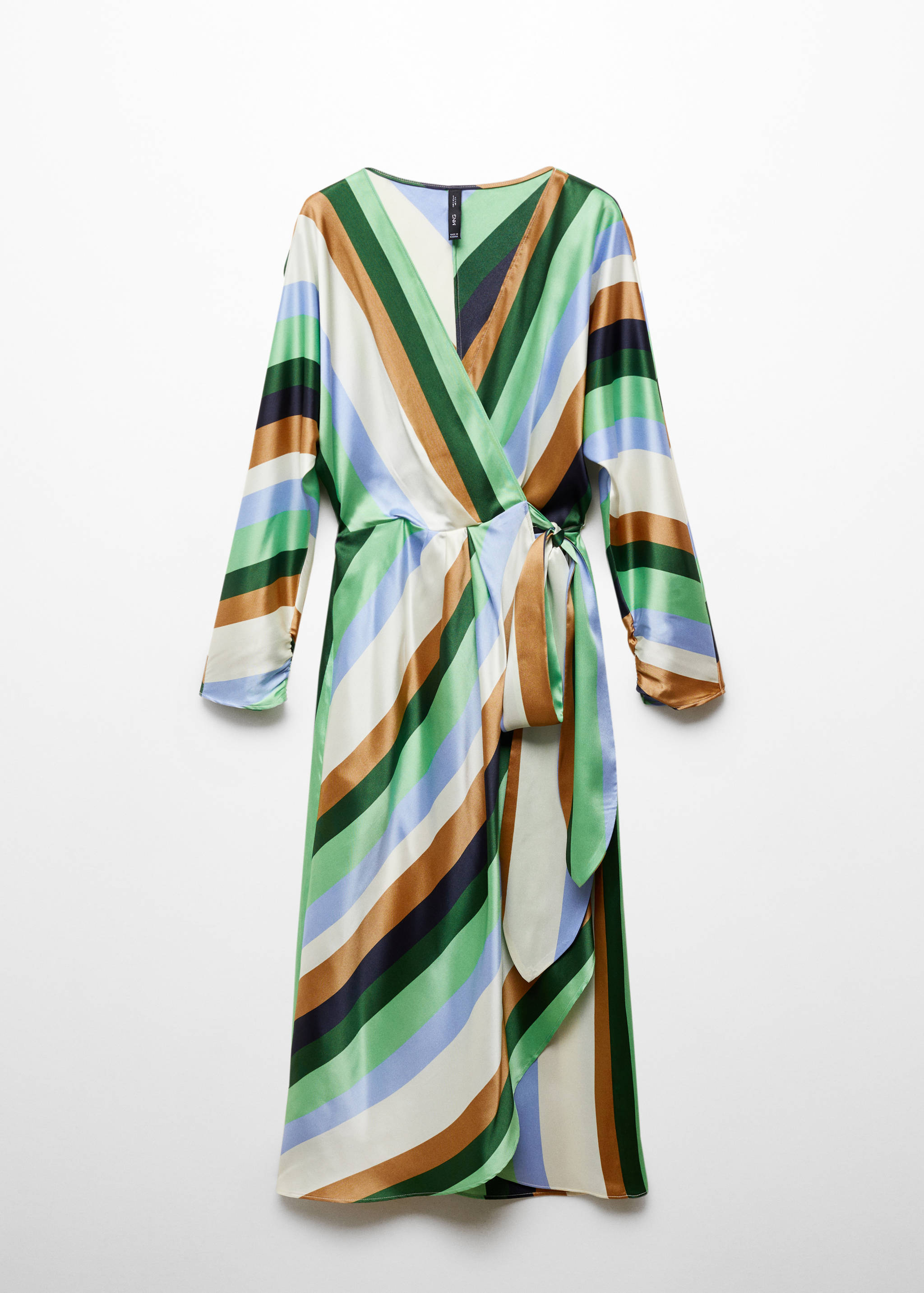 mango striped satin dress Mango Stripe Long Sleeve Satin Wrap Dress In Black