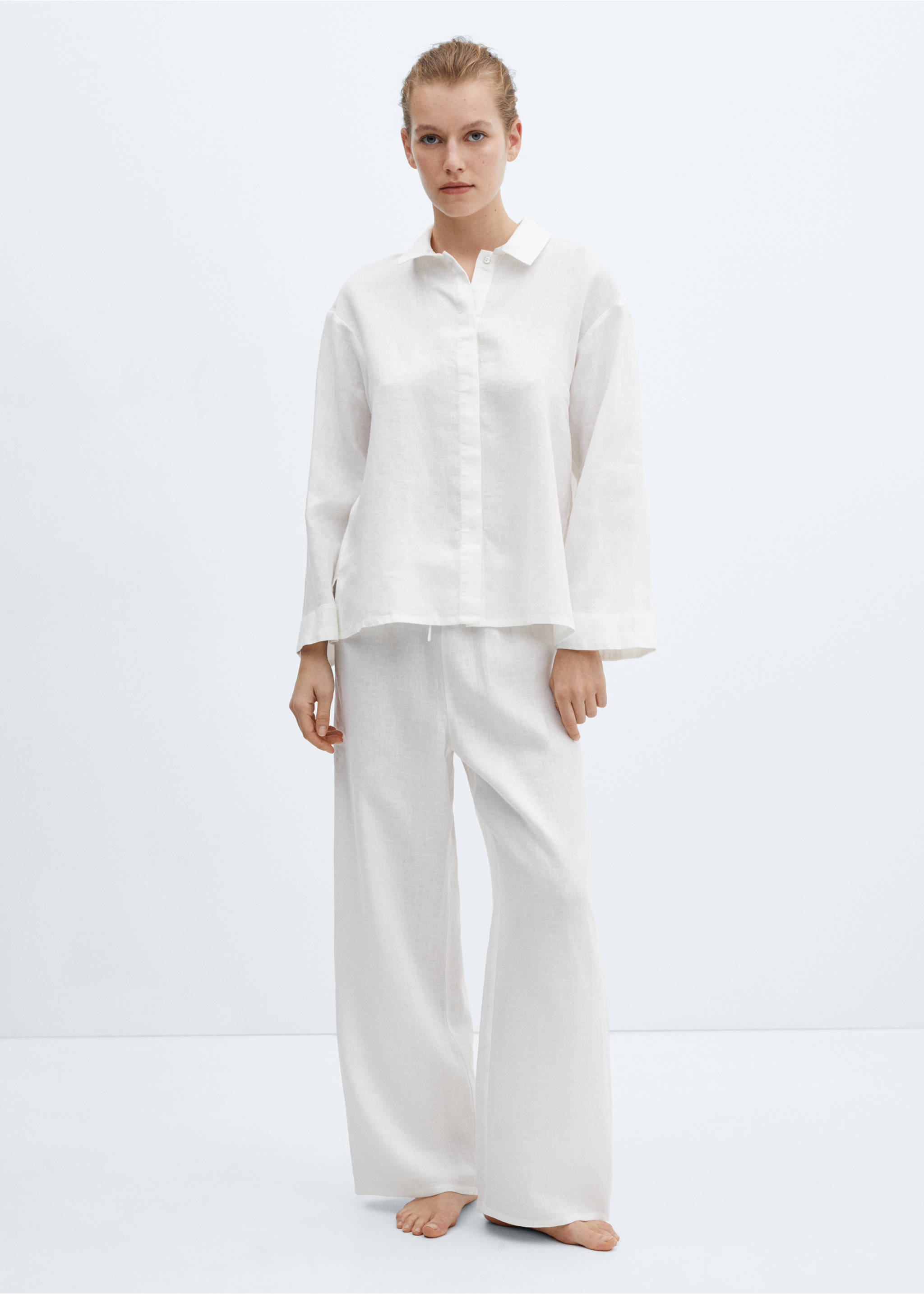 Pyjamahemd aus 100 % Leinen - Allgemeine Ansicht, Weiß. Ref: 67026043-00.