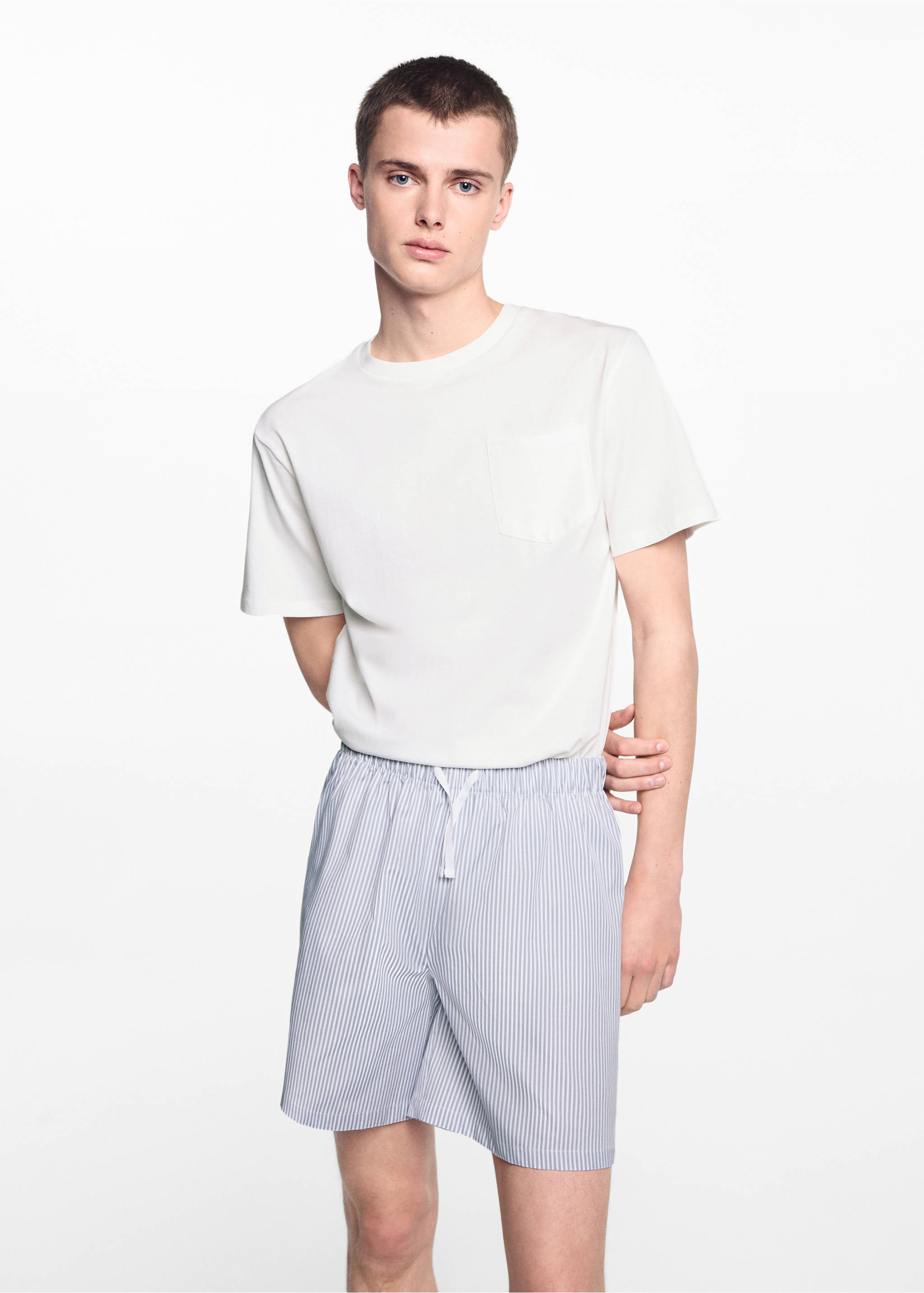Pyjama court coton rayures - Plan moyen, Bleu. Ref: 67026045-00.