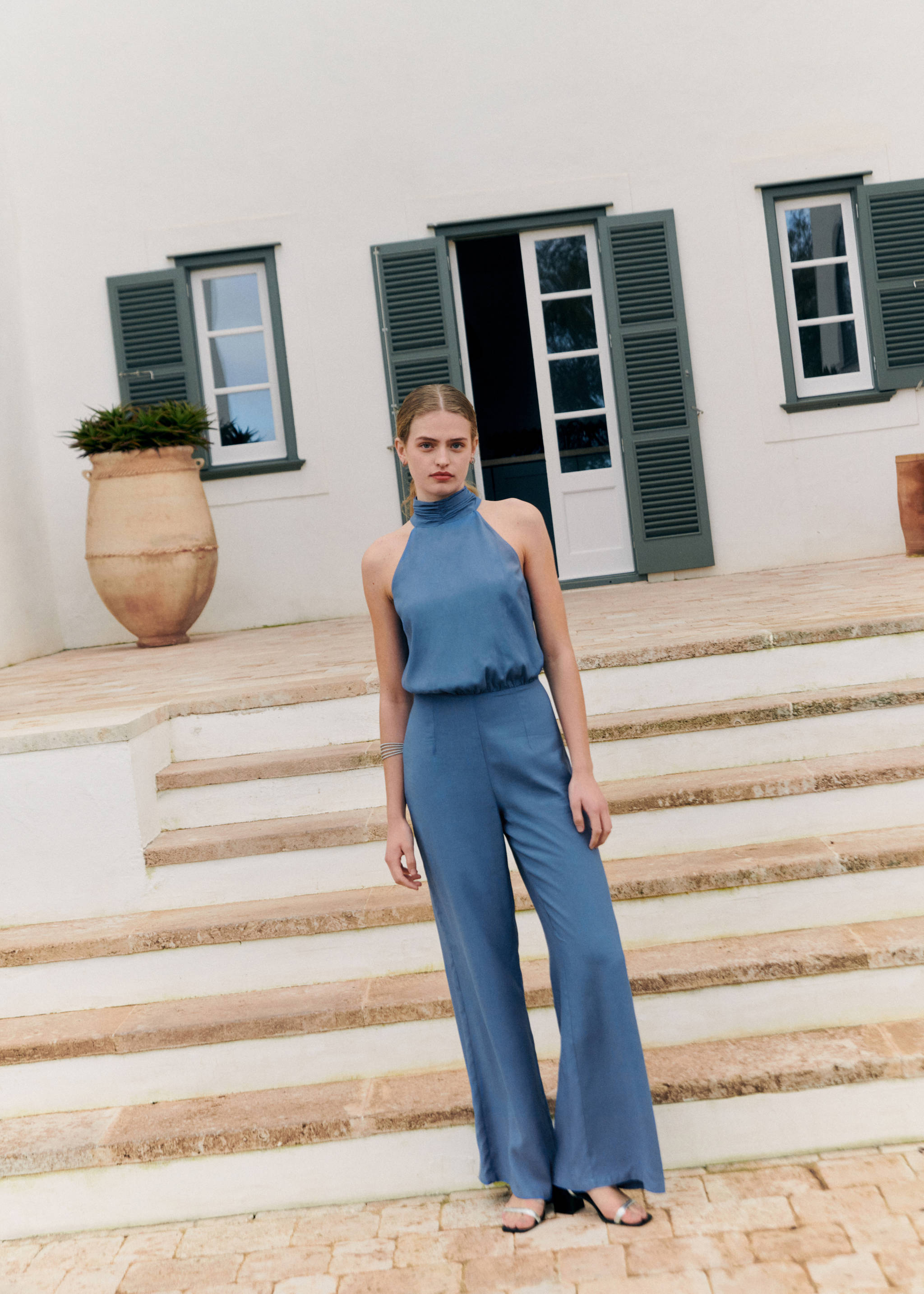 Halter long jumpsuit - Details of the article 5, Blue. Ref: 67026745-00.
