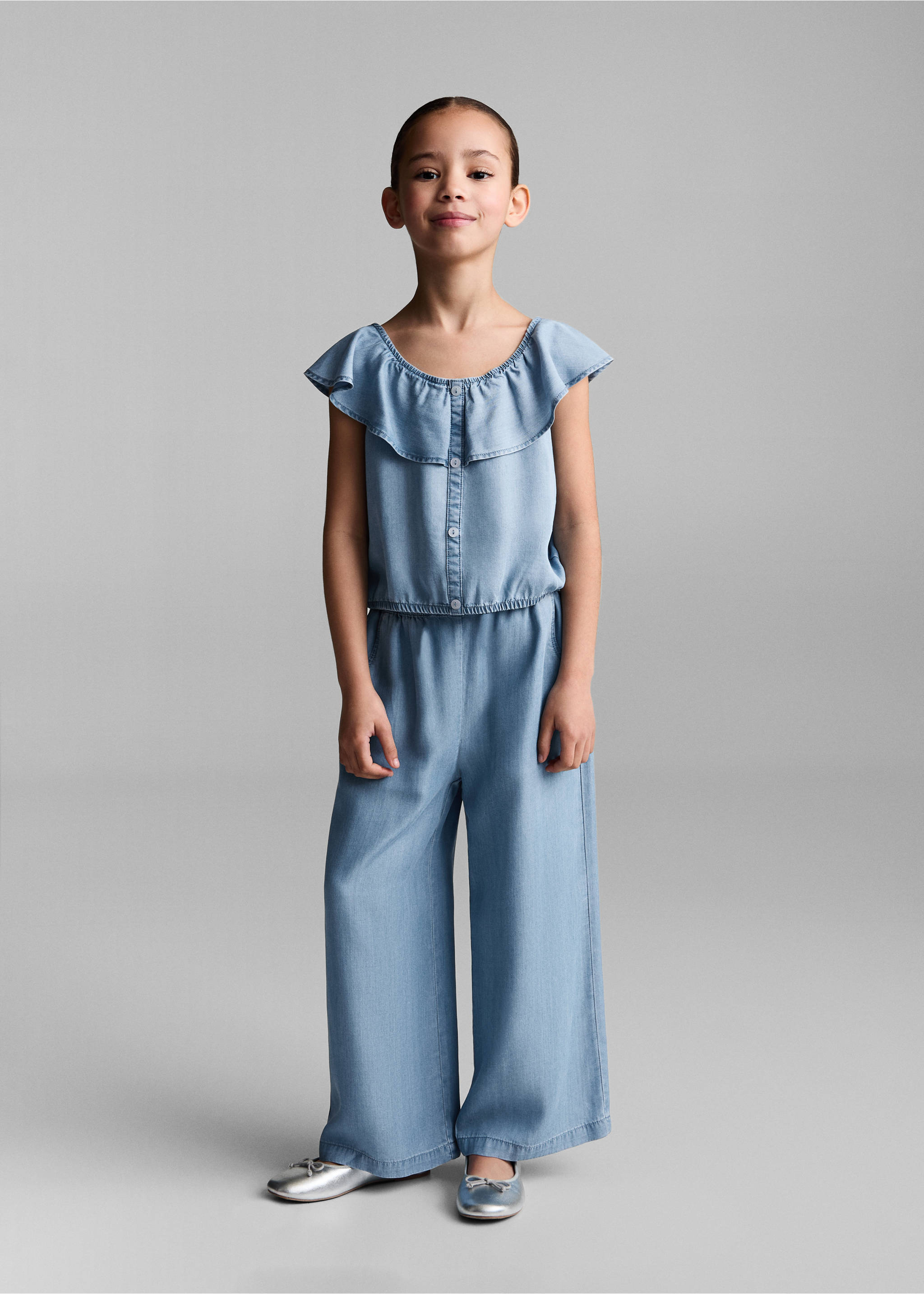 Džínová blůza na knoflíky - Celkový náhled, Středně modrá. Ref: 67027704-00.