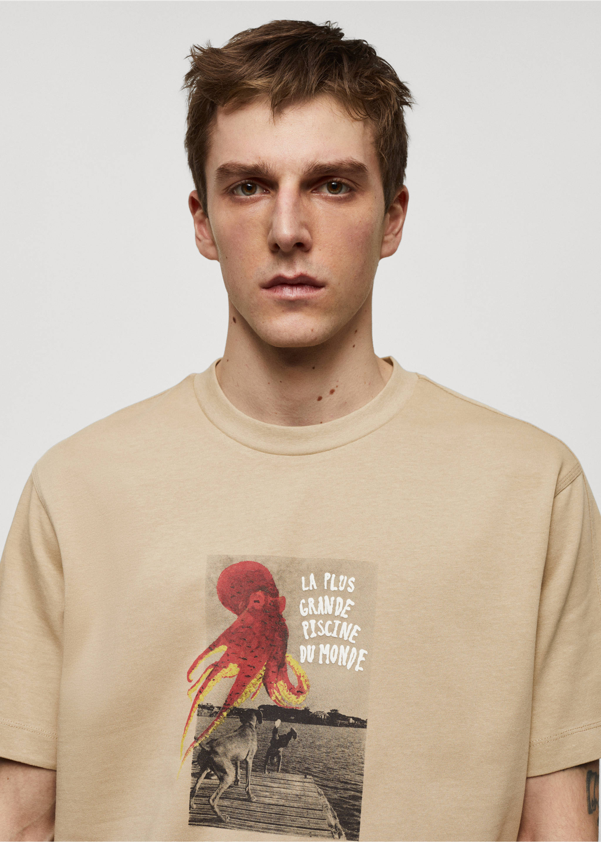 100% cotton printed t-shirt - Details of the article 1, Beige. Ref: 67027705-00.