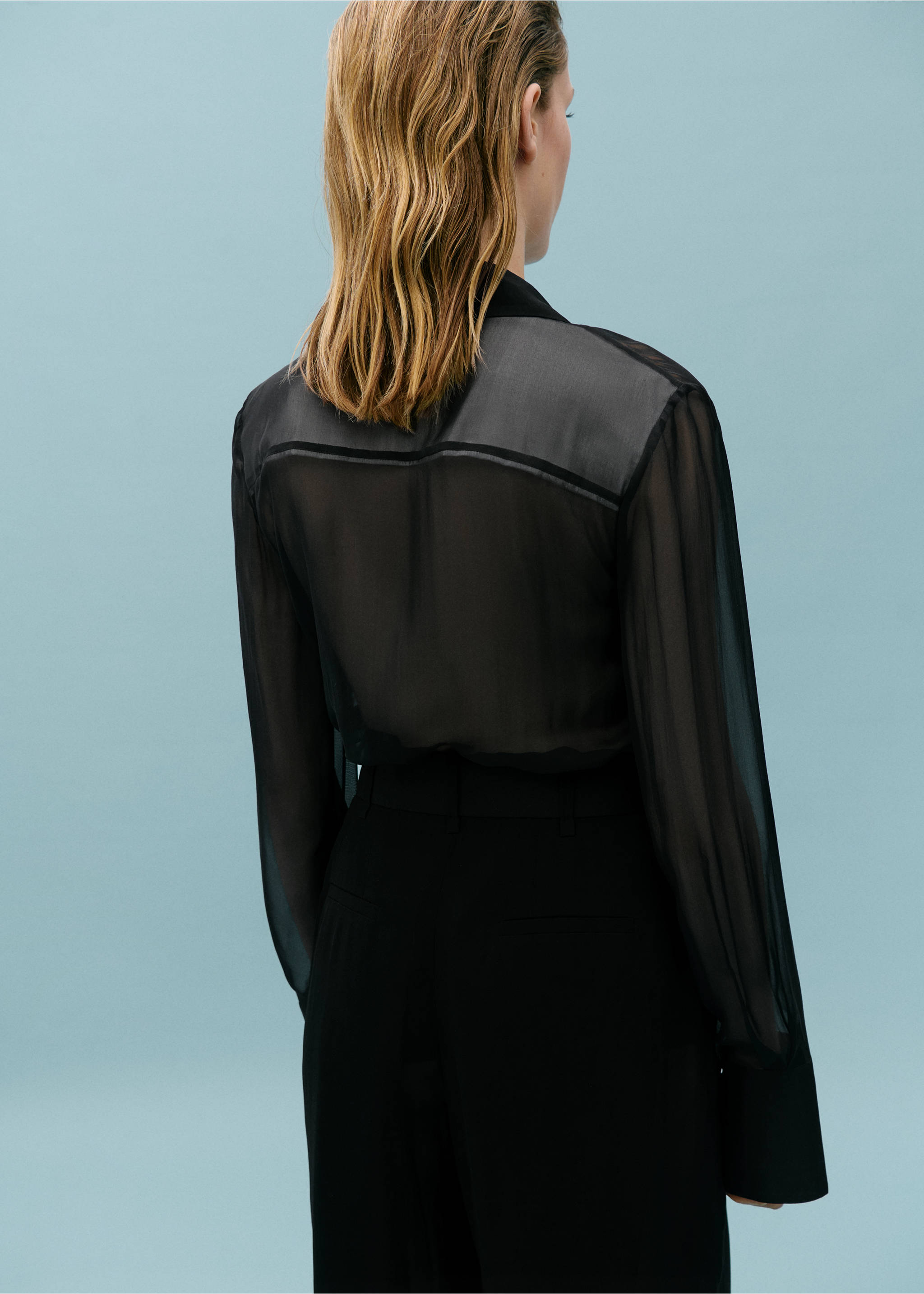 Contrast semi-transparent silk shirt - Reverse of the article, Black. Ref: 67028658-00.