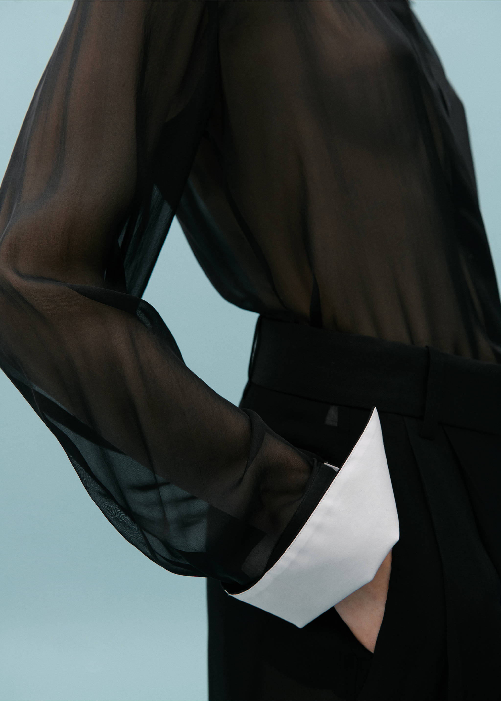 Contrast semi-transparent silk shirt - Details of the article 6, Black. Ref: 67028658-00.
