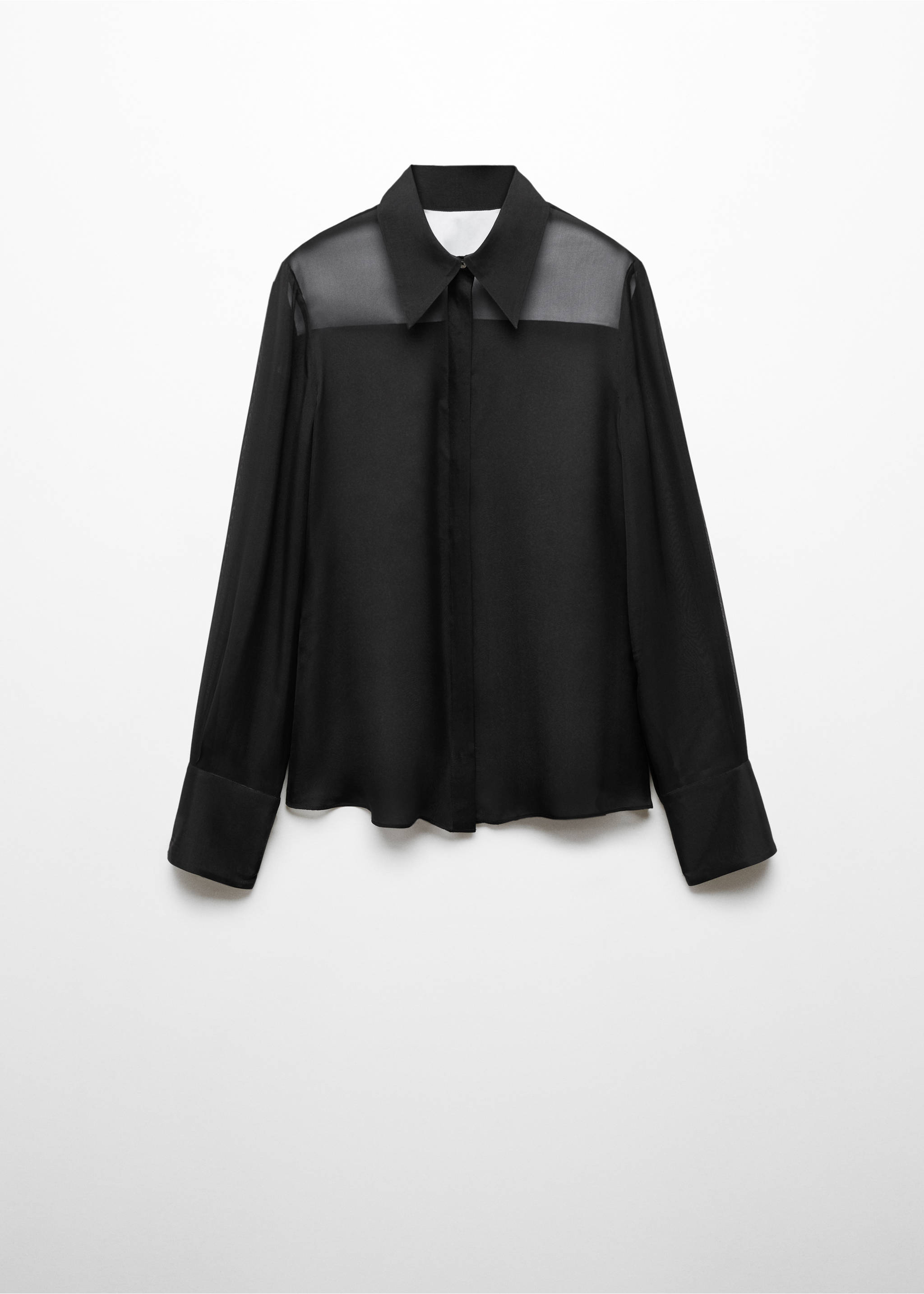 Contrast semi-transparent silk shirt - Article without model, Black. Ref: 67028658-00.