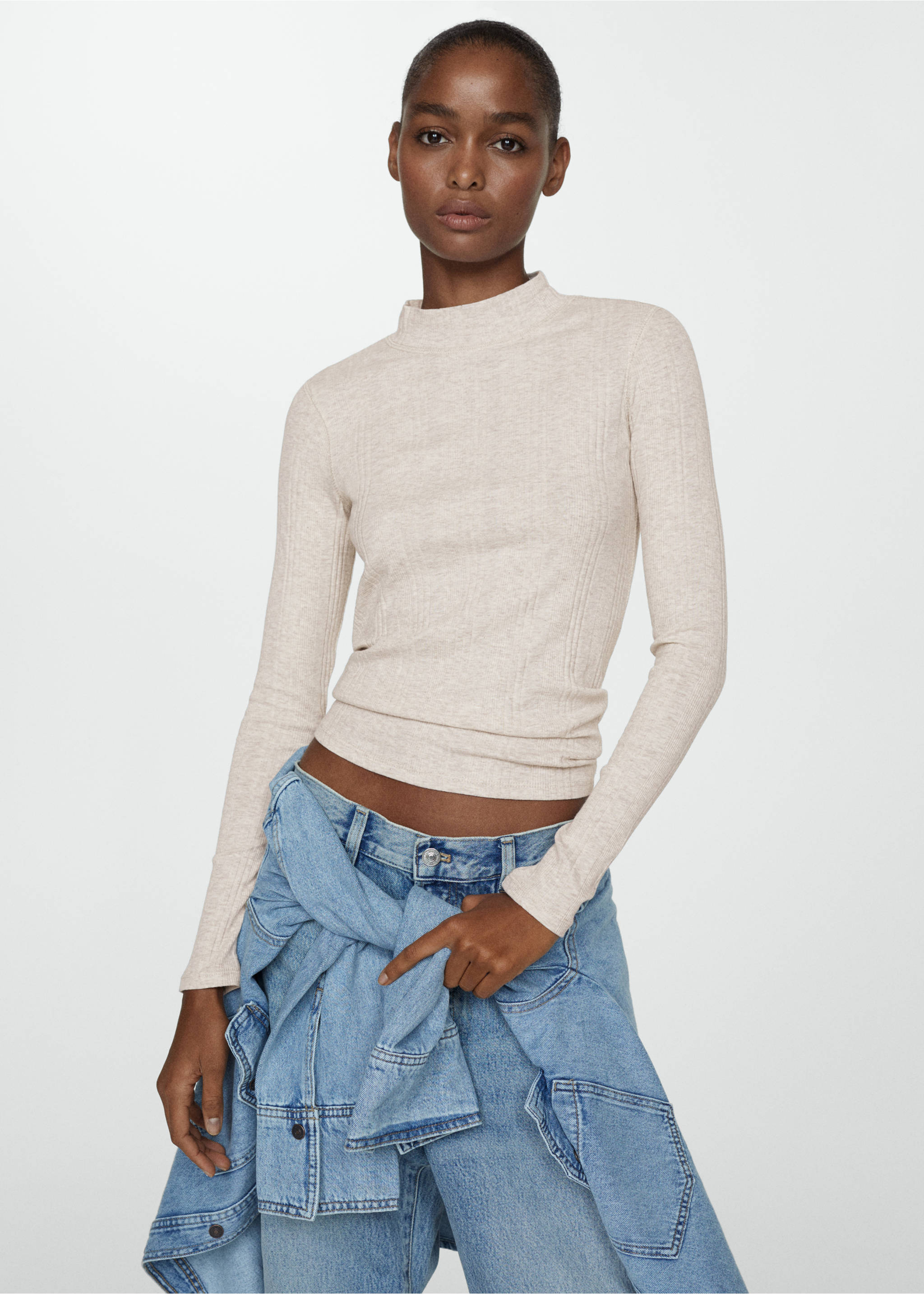 Ribbed t-shirt with perkins neck - Medium plane, Sand. Ref: 67030460-00.