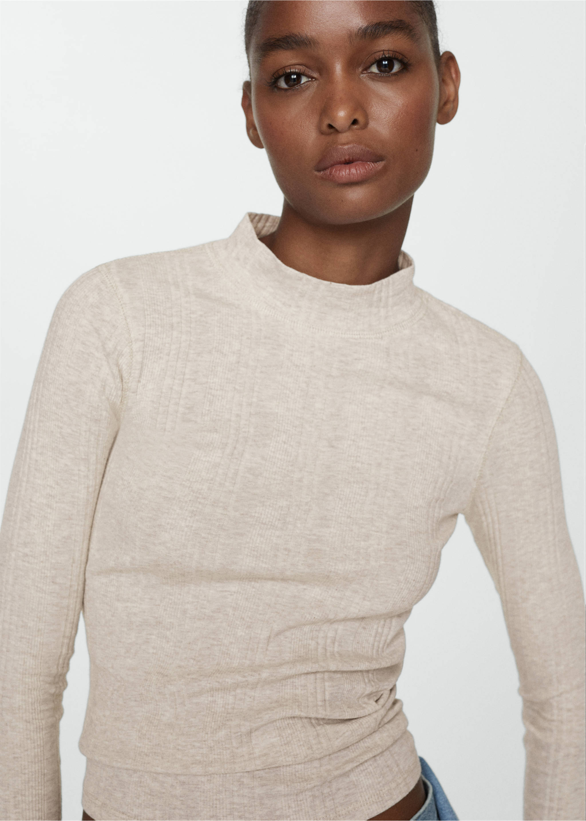 Ribbed t-shirt with perkins neck - Details of the article 1, Sand. Ref: 67030460-00.