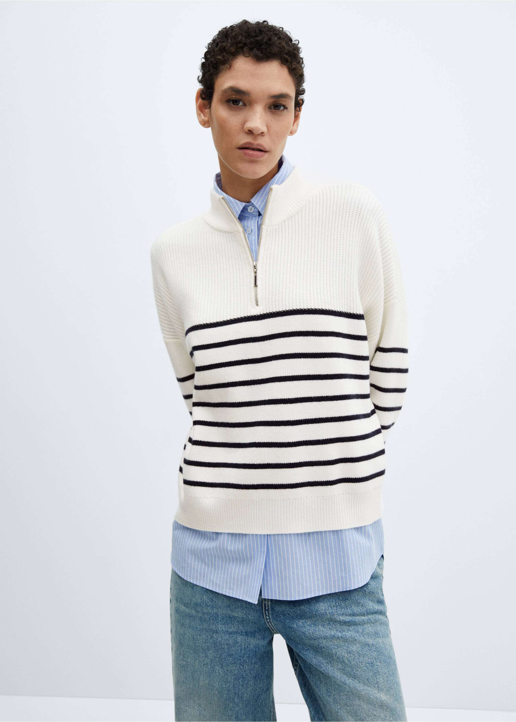 Striped sweater with zip - Medium plane, Navy. Ref: 67030480-00.