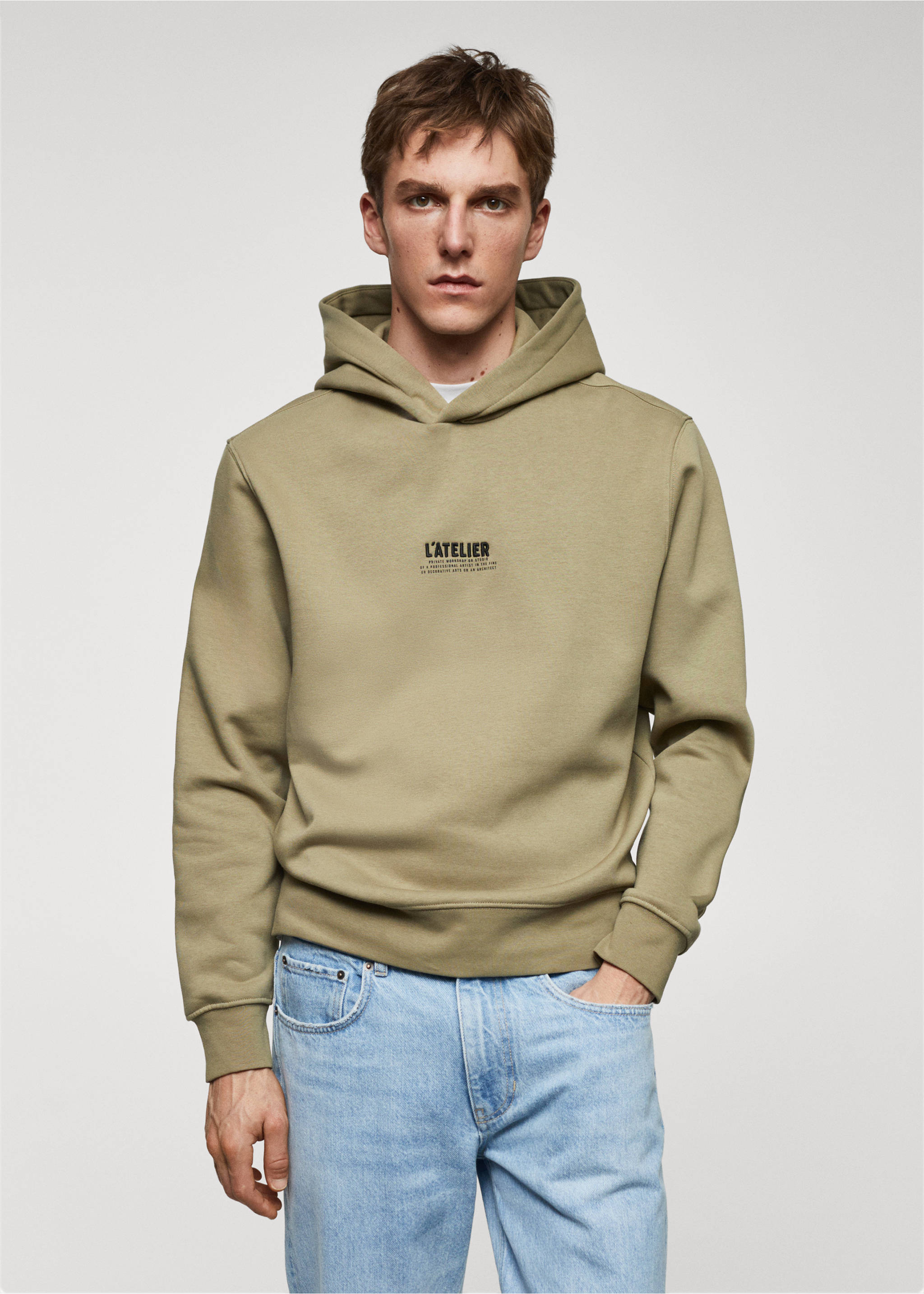 Kapuzenpullover mit Stickerei - Mittlere Ansicht, Khaki. Ref: 67030645-00.