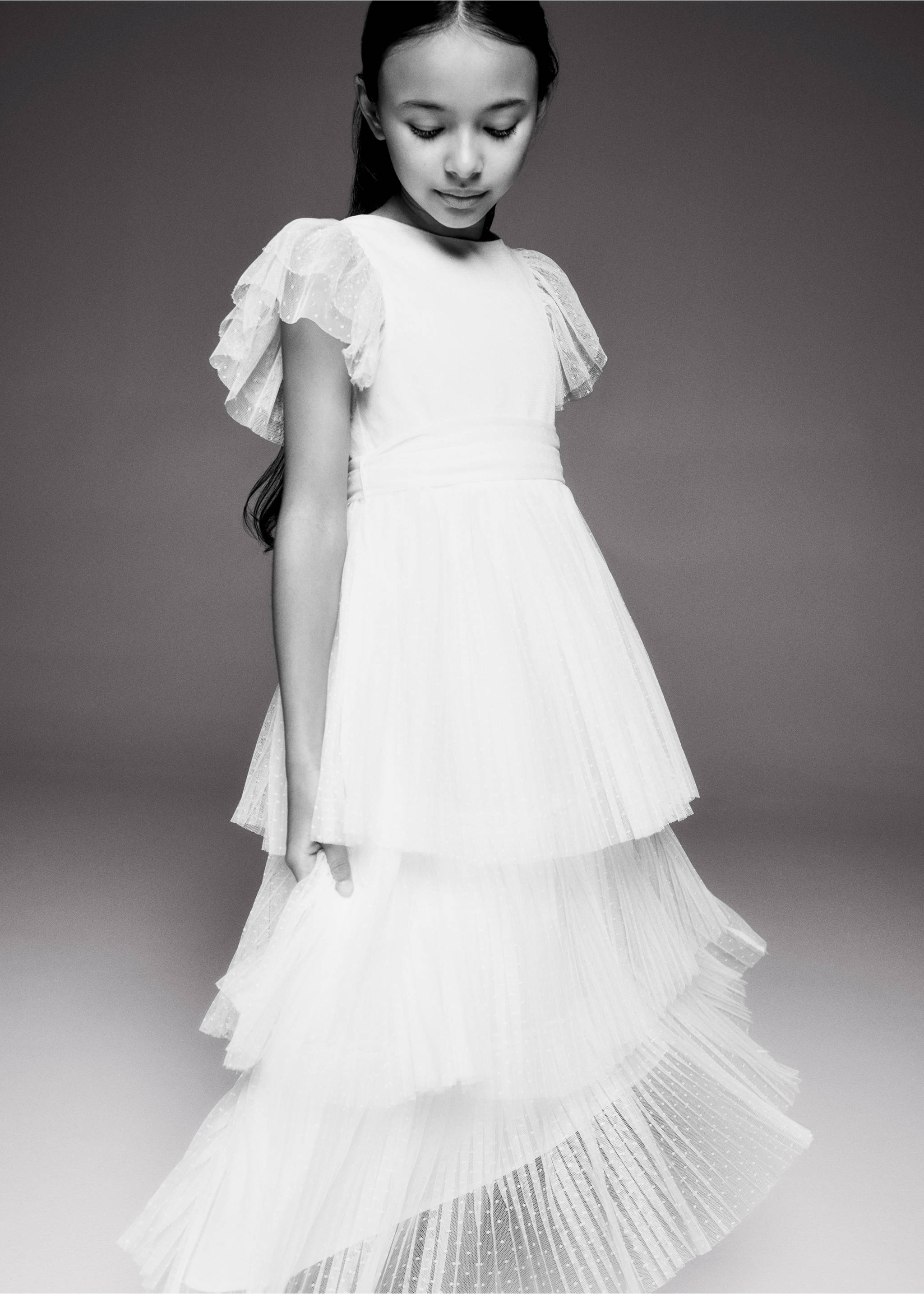 Ruffled tulle dress - Details of the article 5, White. Ref: 67033697-00.