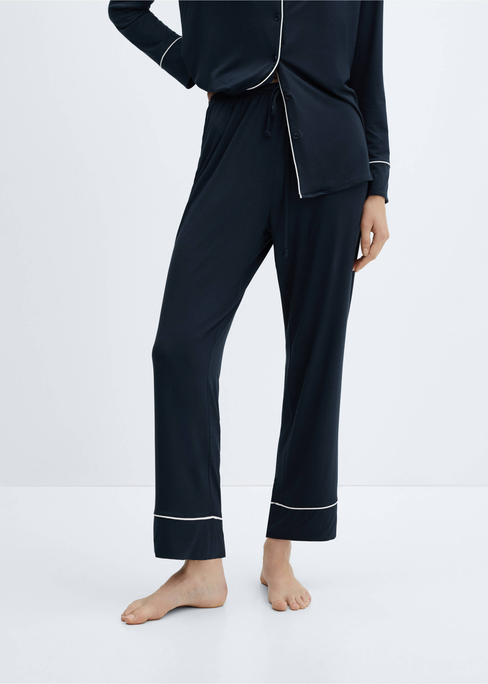 Pyjamahose mit Borte - Mittlere Ansicht, Dunkles Marineblau. Ref: 67034020-00.