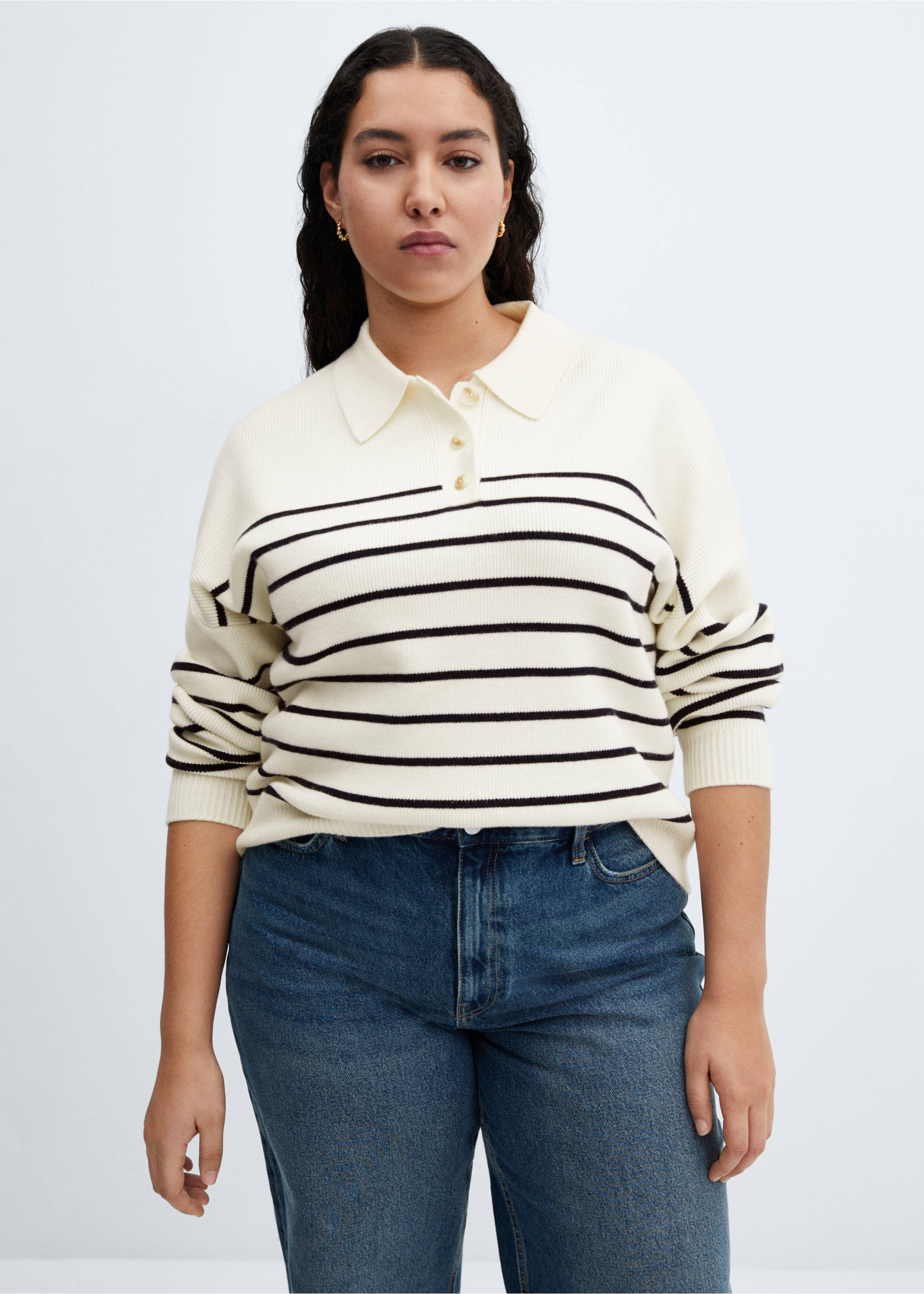 Buttoned collar knit sweater - Details of the article 5, Dark Navy. Ref: 67034036-00.