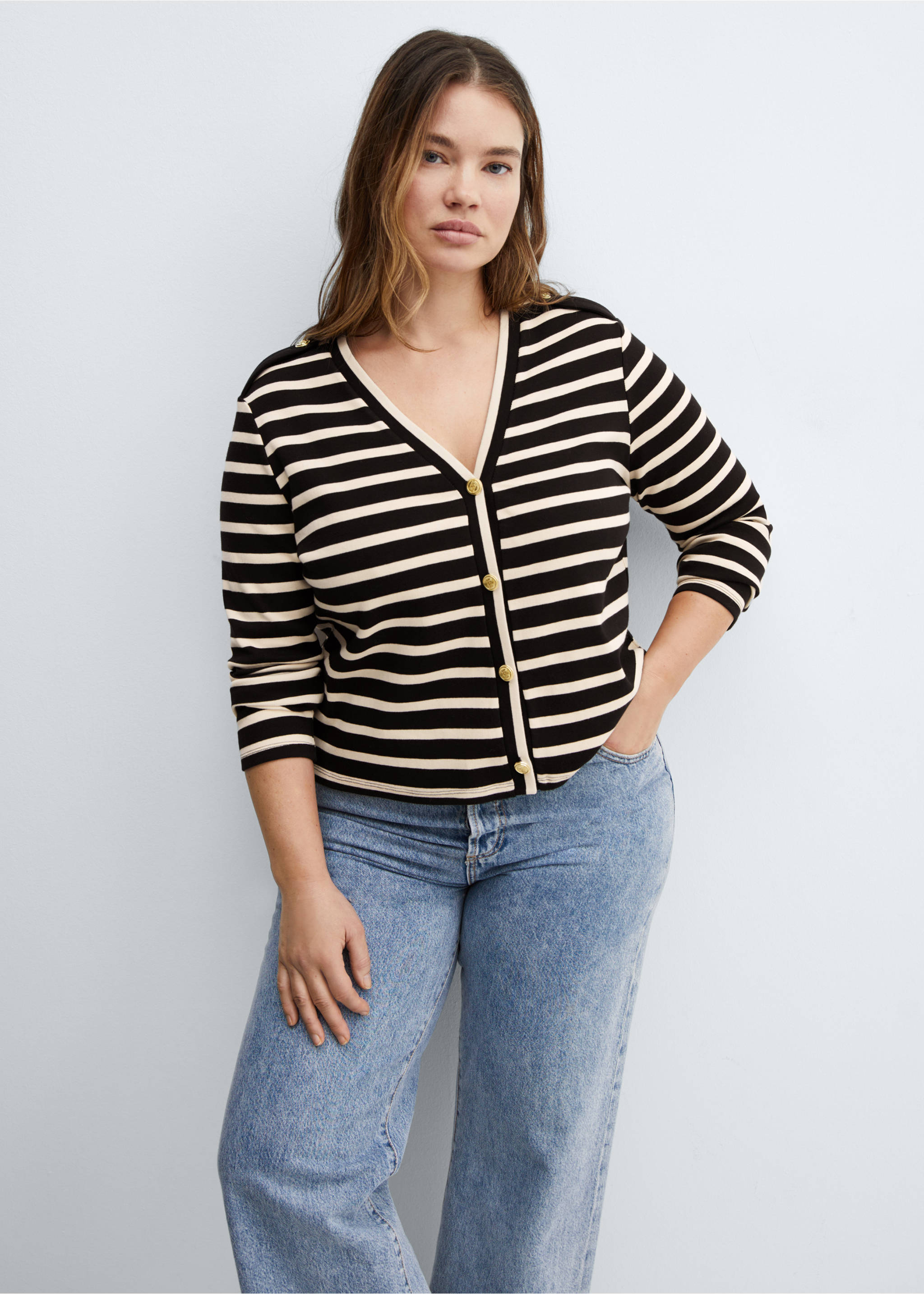 Striped cardigan with buttons - Details of the article 5, Black. Ref: 67034037-00.