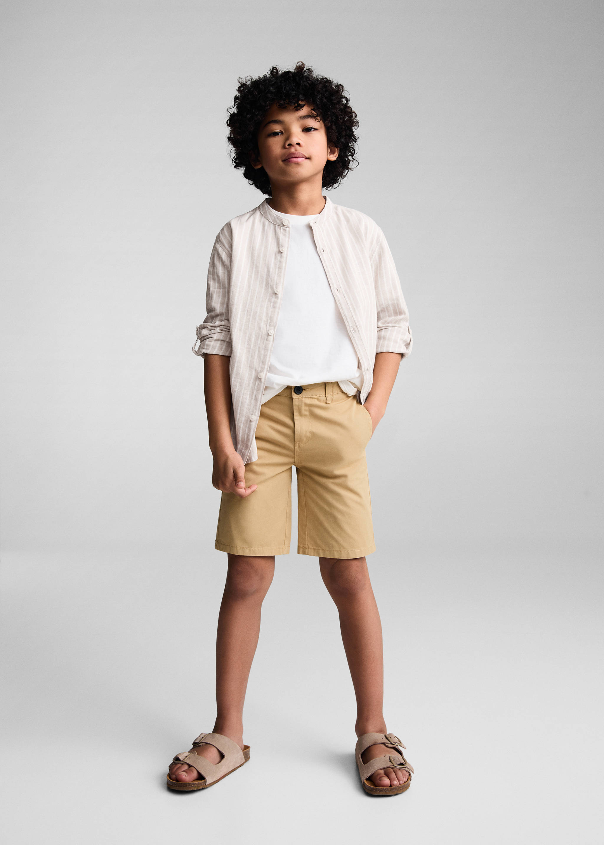 Striped mandarin-collar linen shirt - General plane