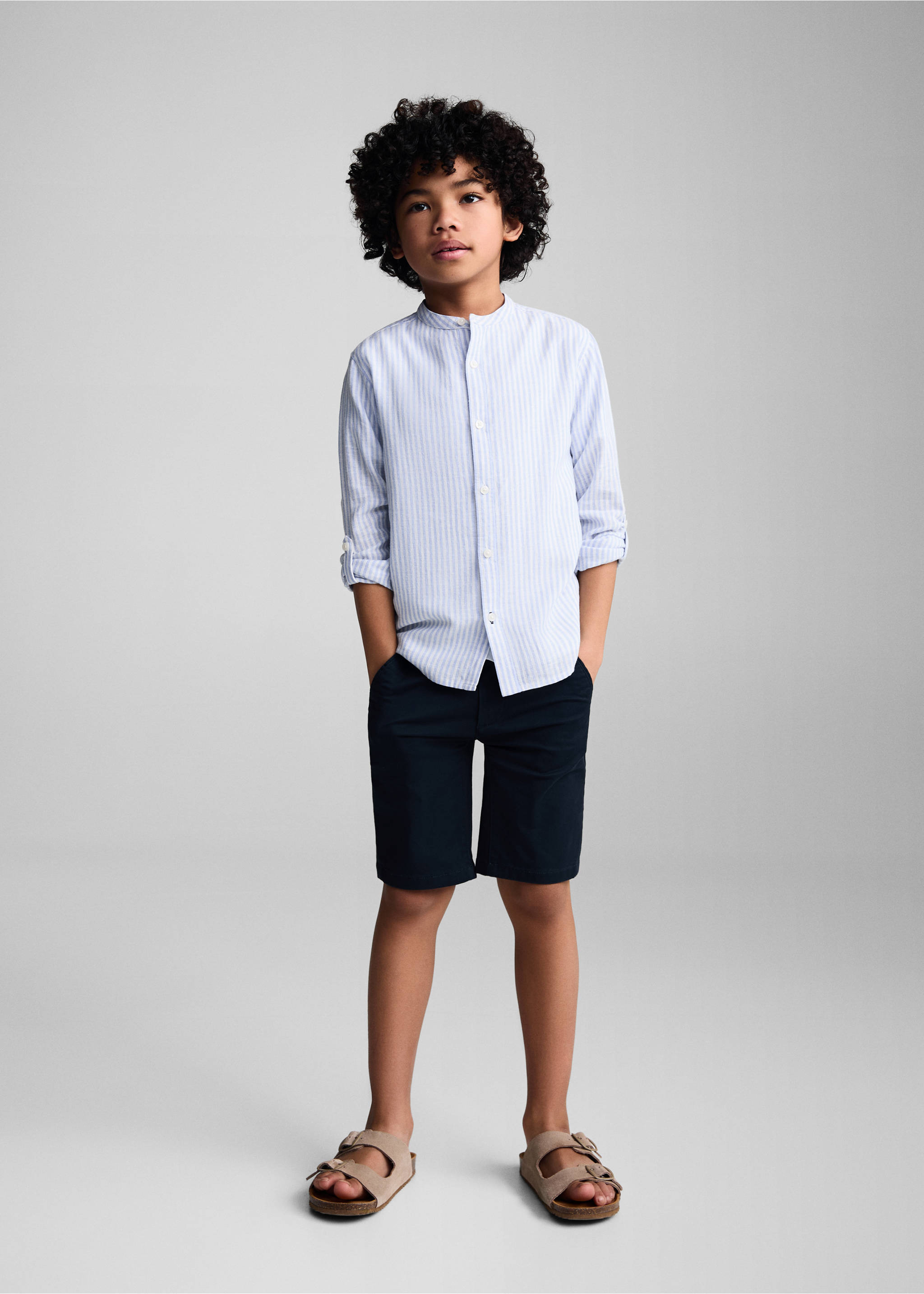 Striped mandarin-collar linen shirt - General plane, Sky Blue. Ref: 67034785-00.