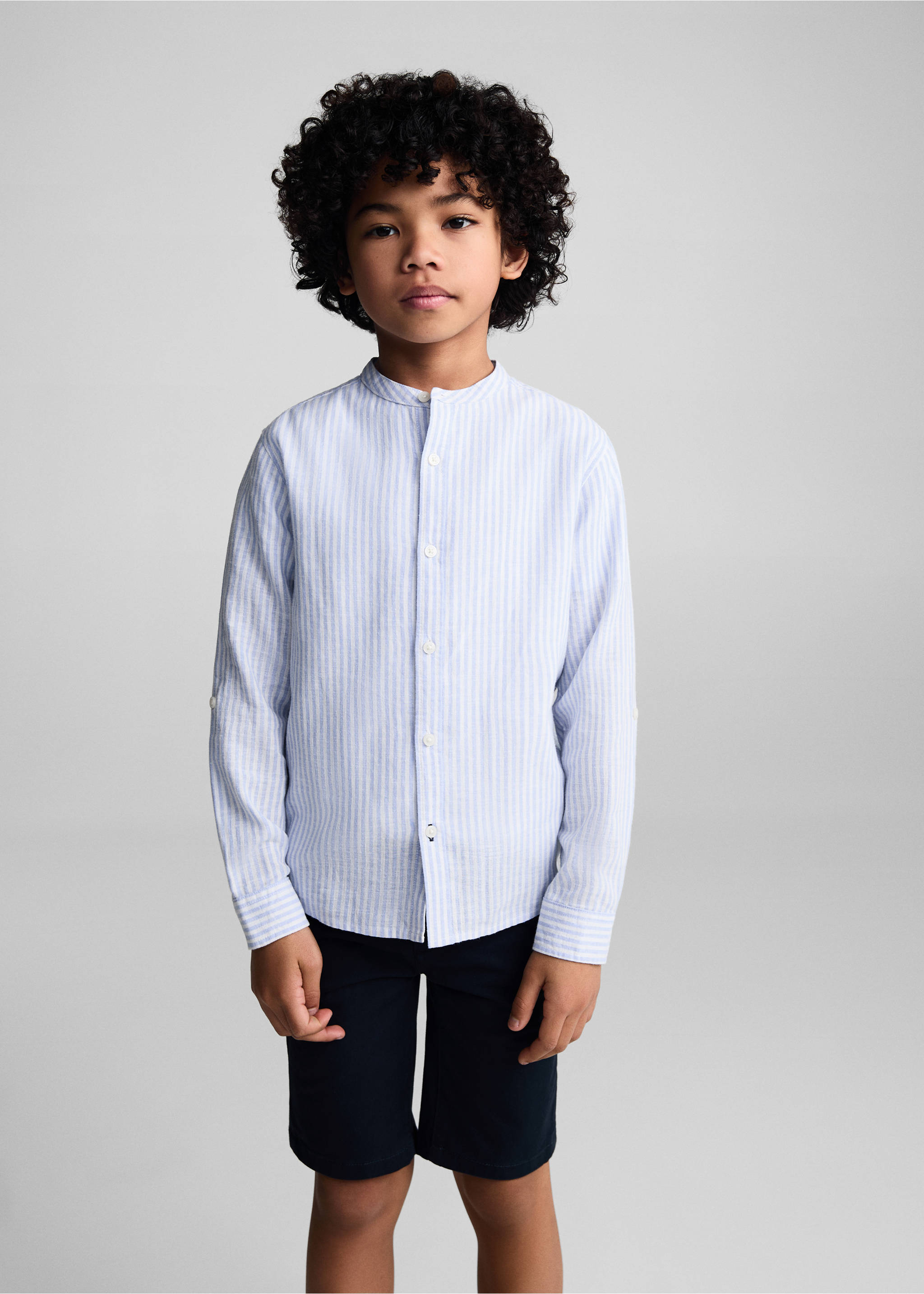 Striped mandarin-collar linen shirt - Medium plane, Sky Blue. Ref: 67034785-00.