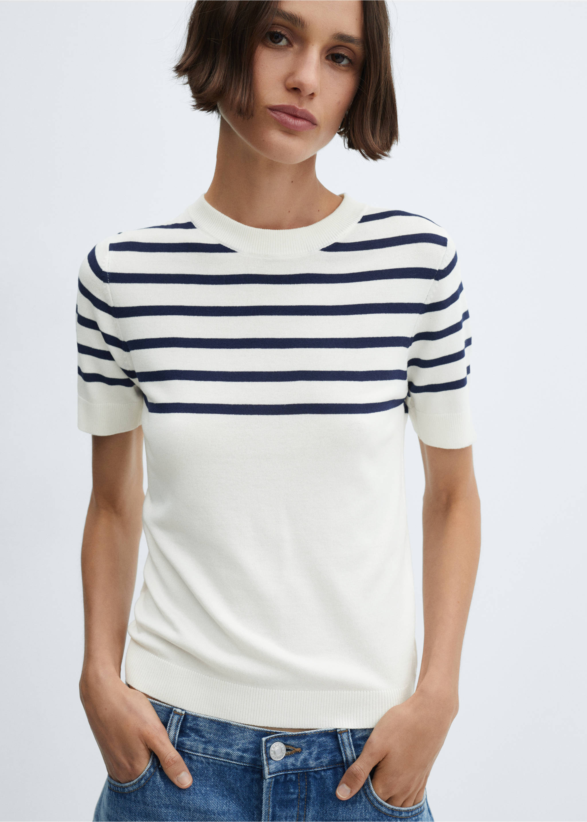 Striped short-sleeved sweater - Medium plane, Dark Navy. Ref: 67035746-00.