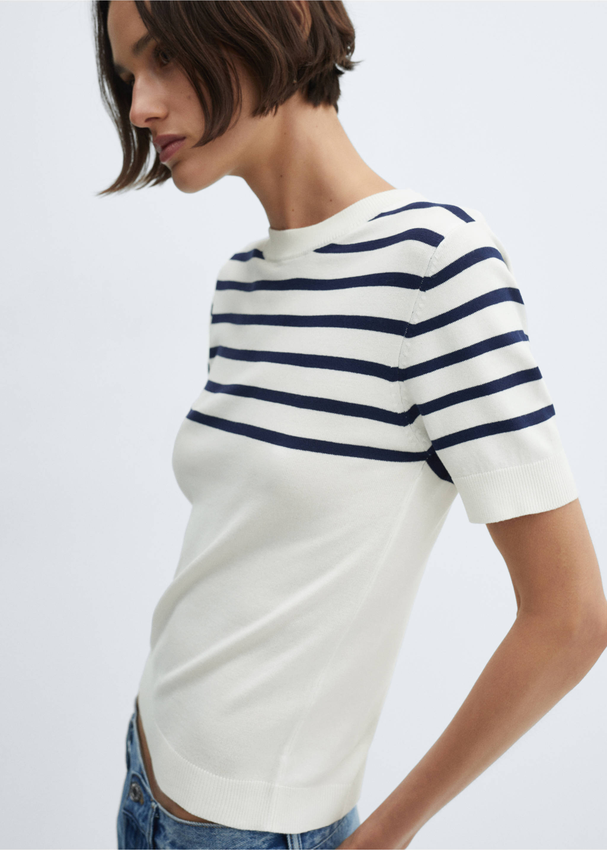 Striped short-sleeved sweater - Details of the article 1, Dark Navy. Ref: 67035746-00.
