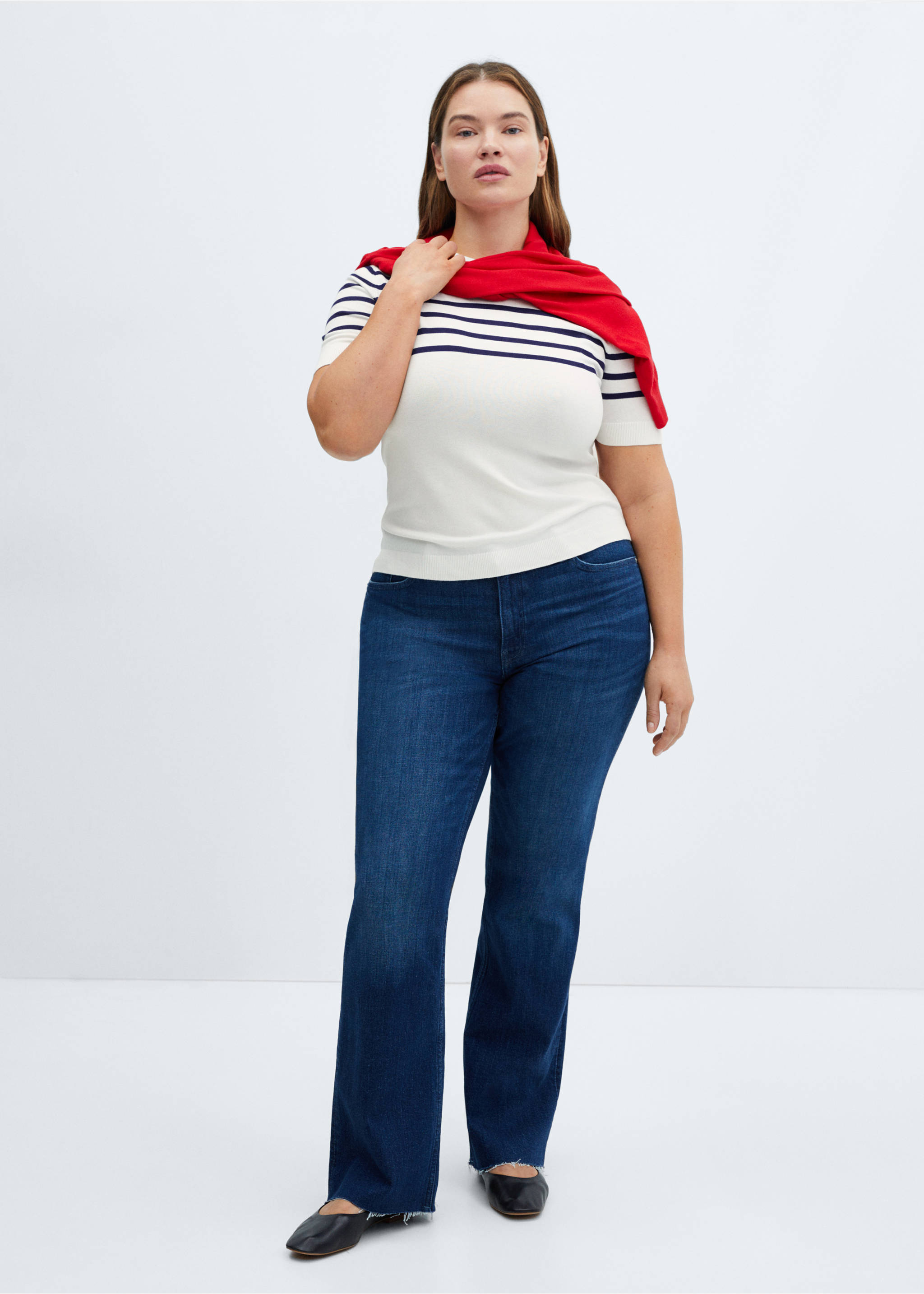 Striped short-sleeved sweater - Details of the article 3, Dark Navy. Ref: 67035746-00.
