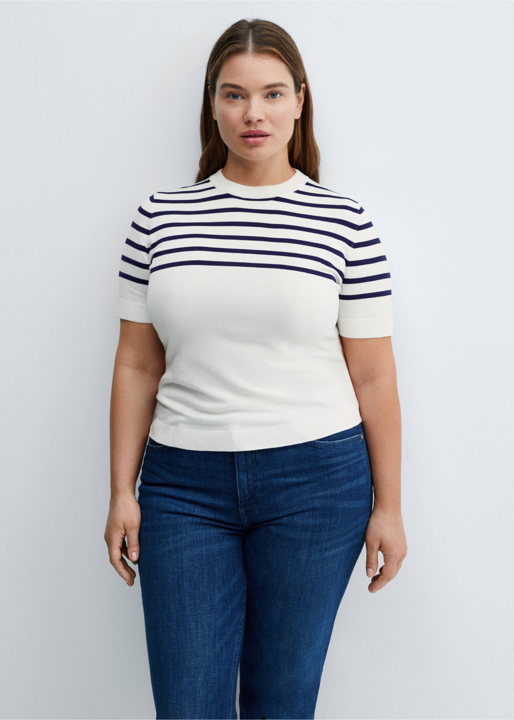 Striped short-sleeved sweater - Details of the article 5, Dark Navy. Ref: 67035746-00.
