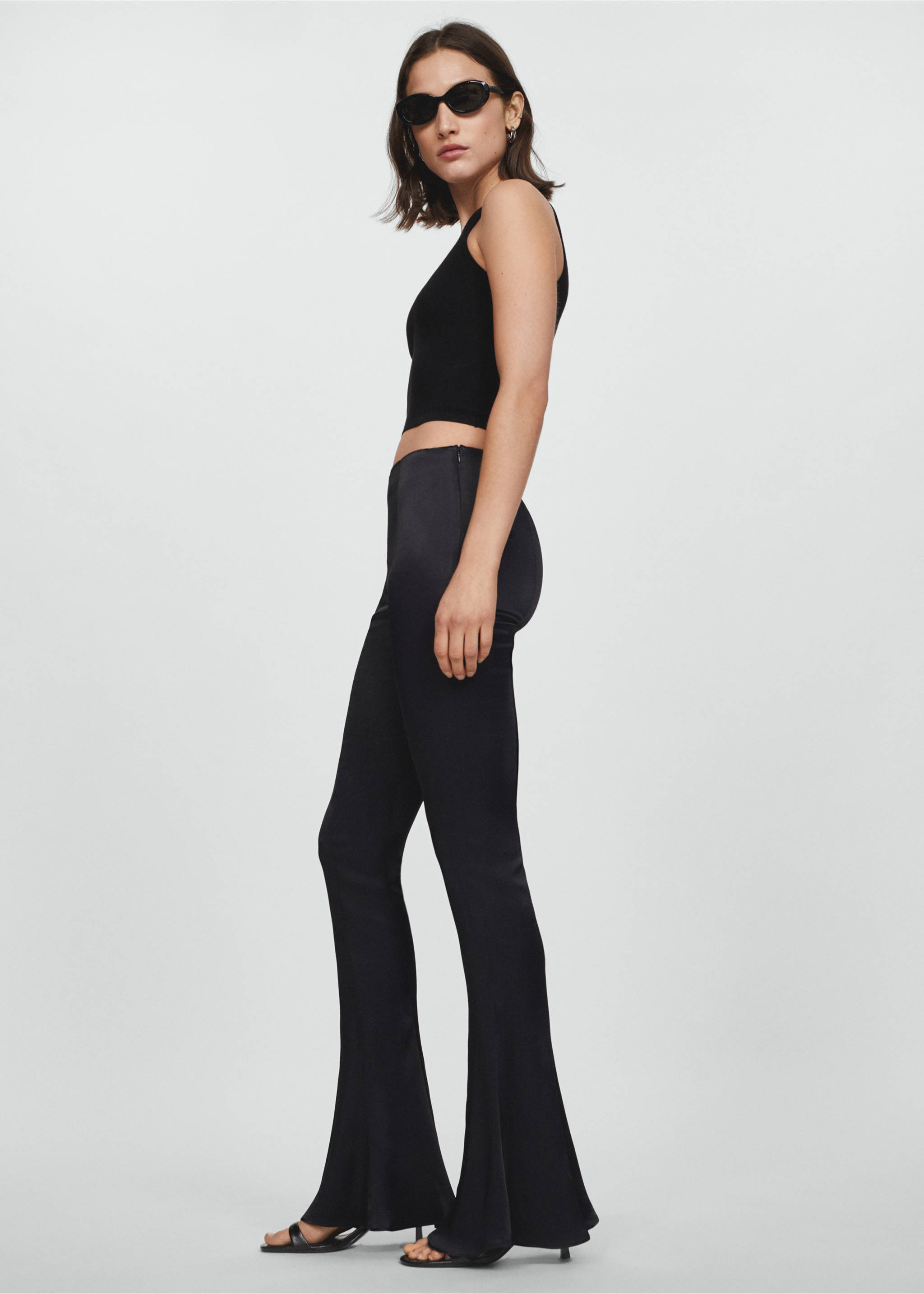 Flared satin trousers - Details of the article 2, Black. Ref: 67035754-00.