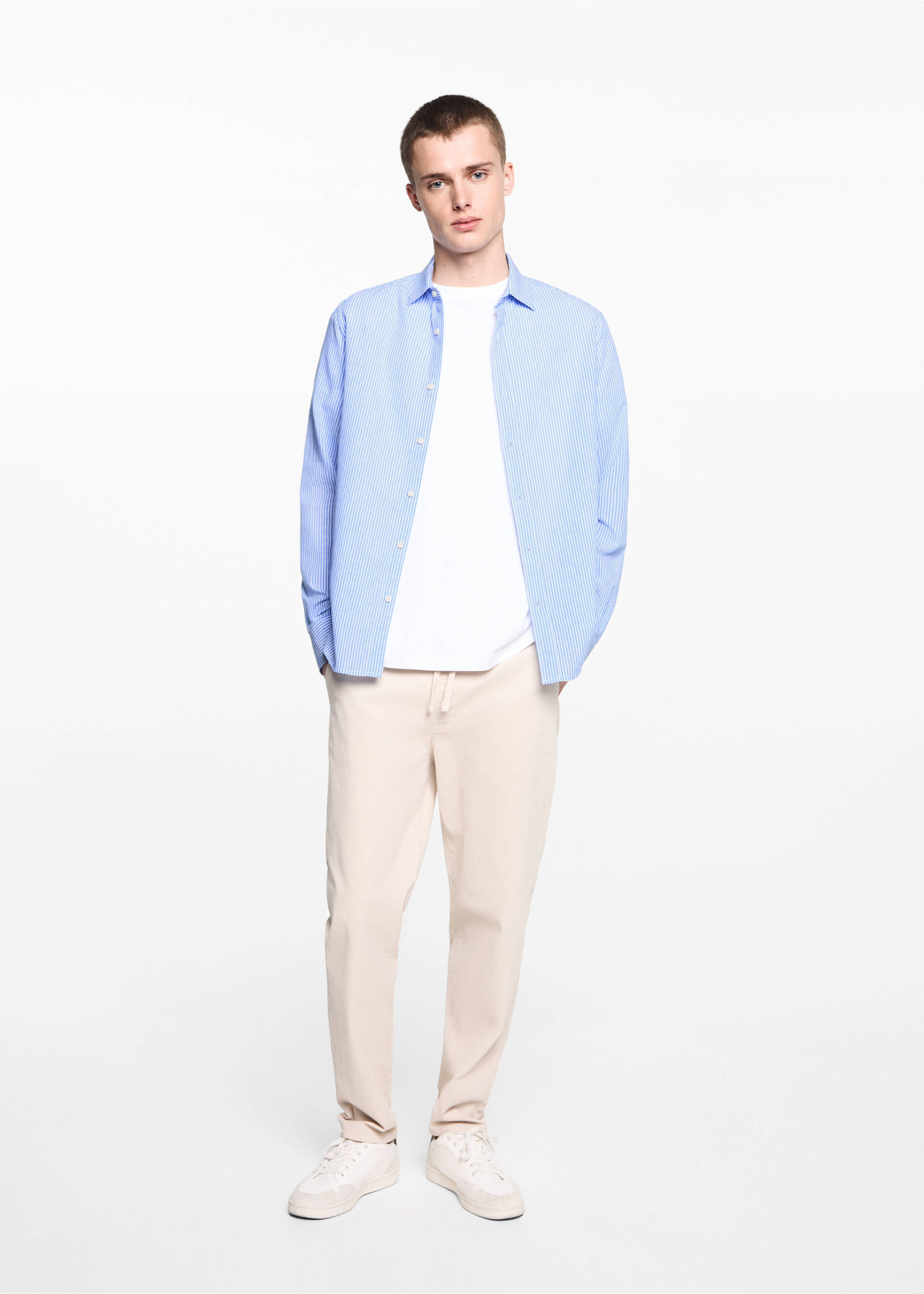 Camisa lino rayas - Plano general, Azul. Ref: 67036045-00.