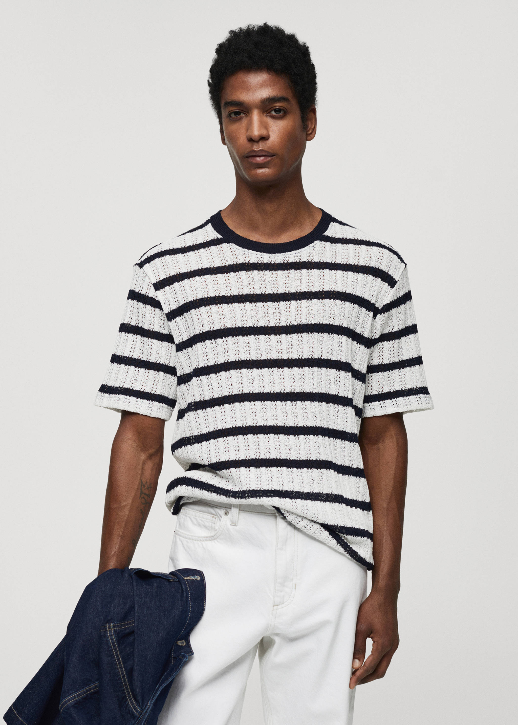 Regular-fit openwork striped t-shirt - Medium plane