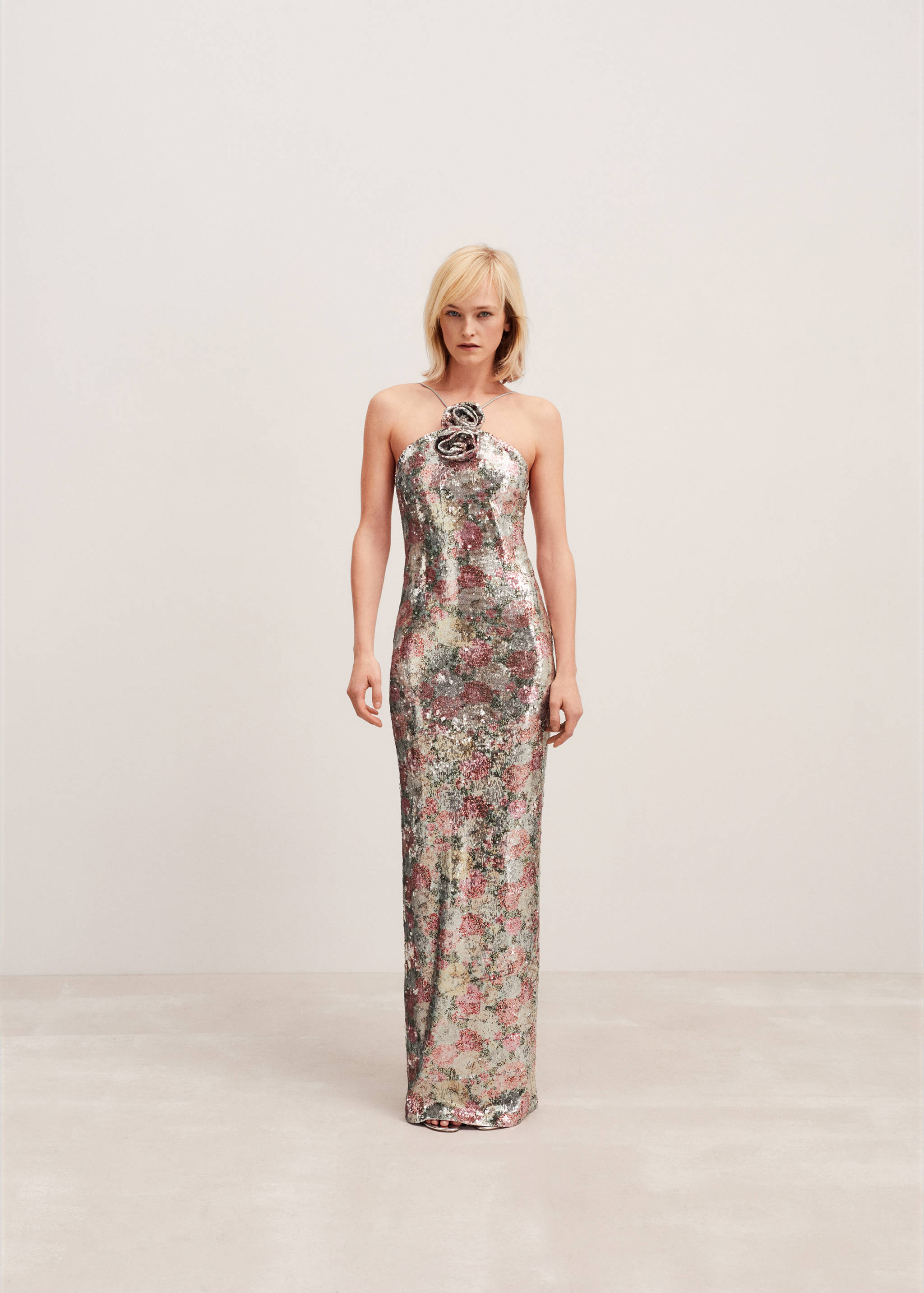 Sequinned halter-neck floral dress - General plane