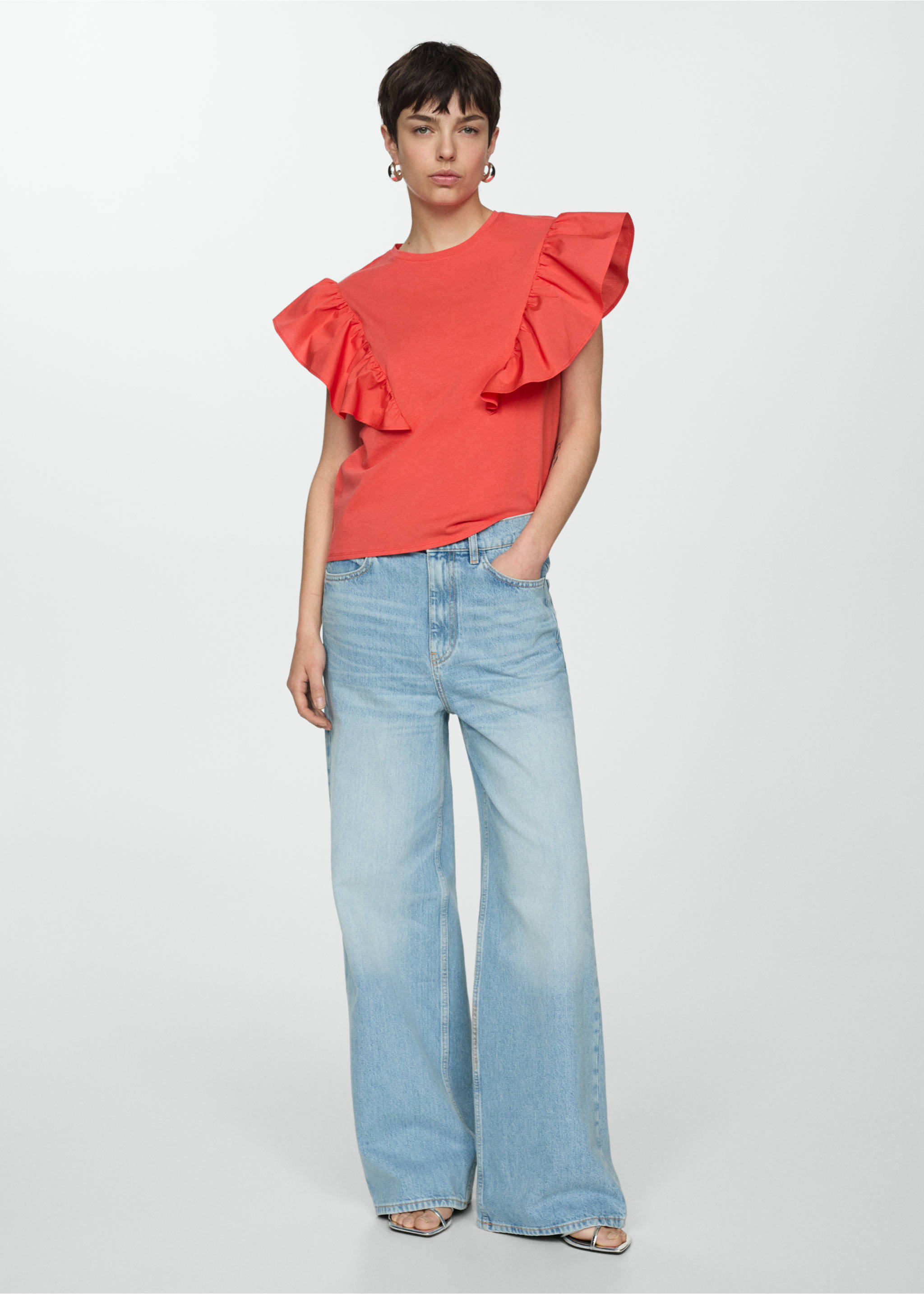 100% cotton t-shirt with ruffles - General plane, Coral Red. Ref: 67037140-00.