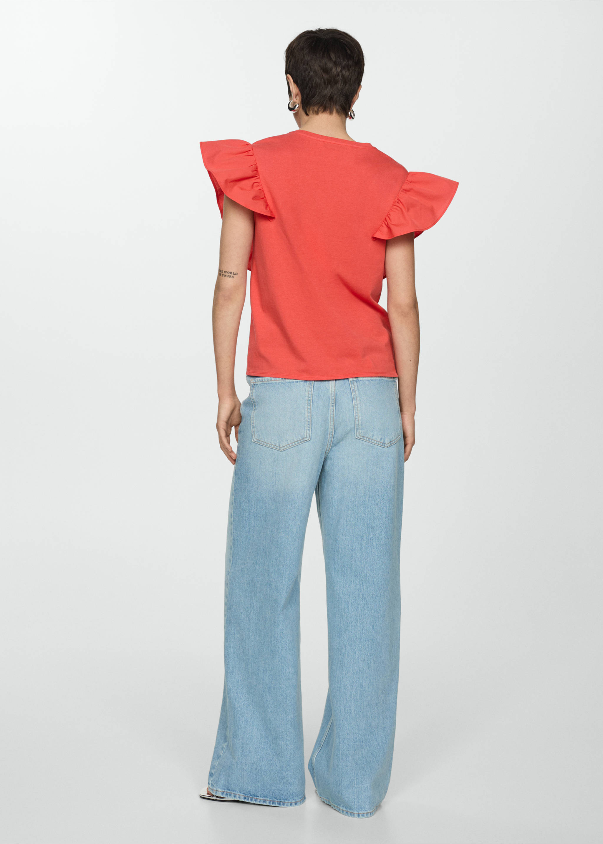 100% cotton t-shirt with ruffles - Reverse of the article, Coral Red. Ref: 67037140-00.