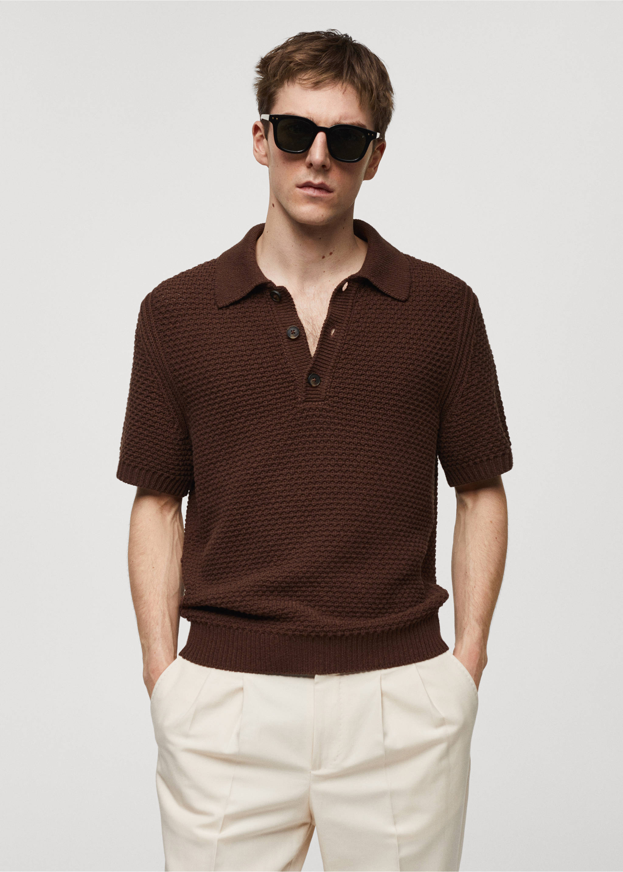 100% cotton braided knitted polo shirt - Medium plane, Tobacco Brown. Ref: 67037913-00.