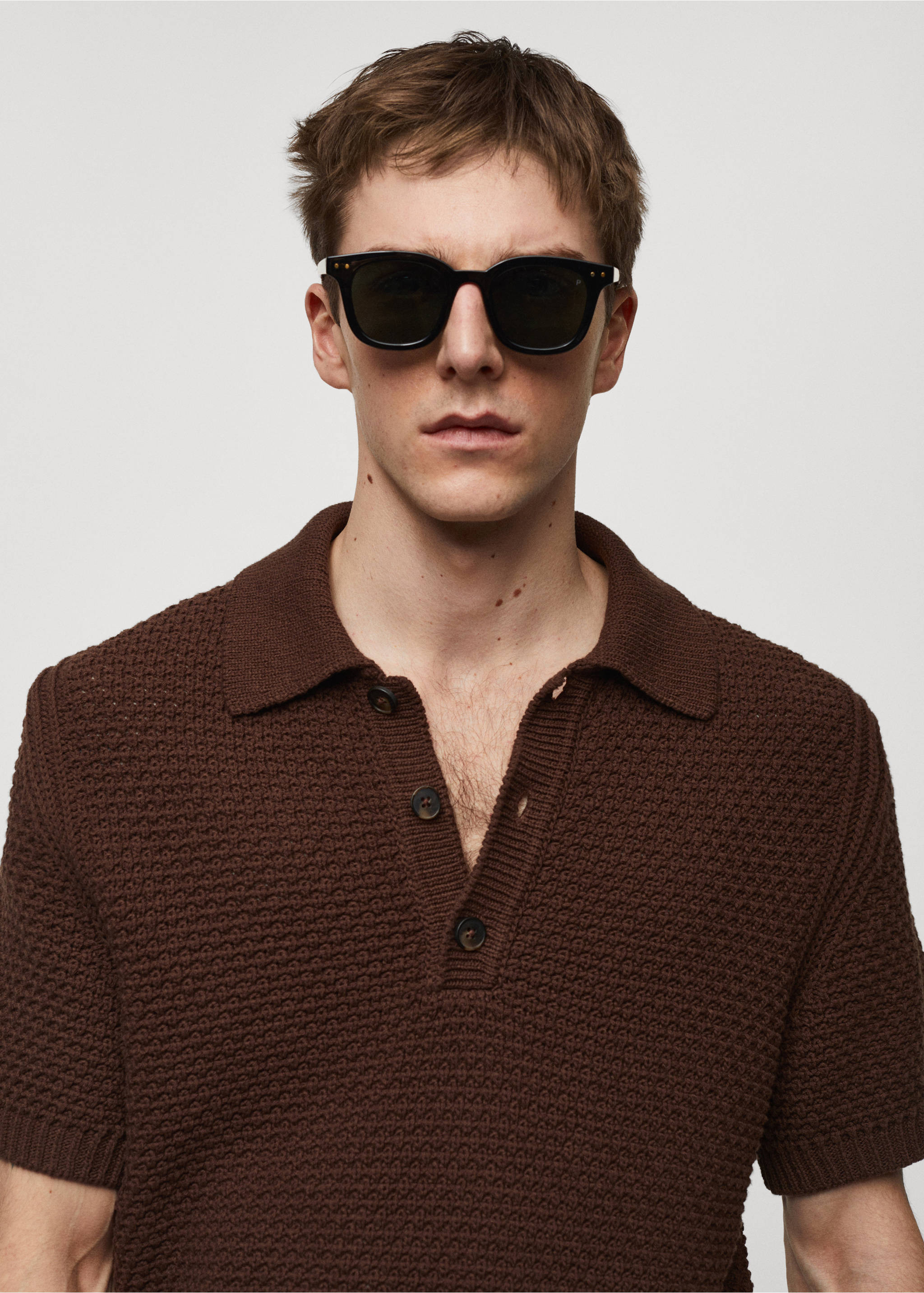 100% cotton braided knitted polo shirt - Details of the article 1, Tobacco Brown. Ref: 67037913-00.