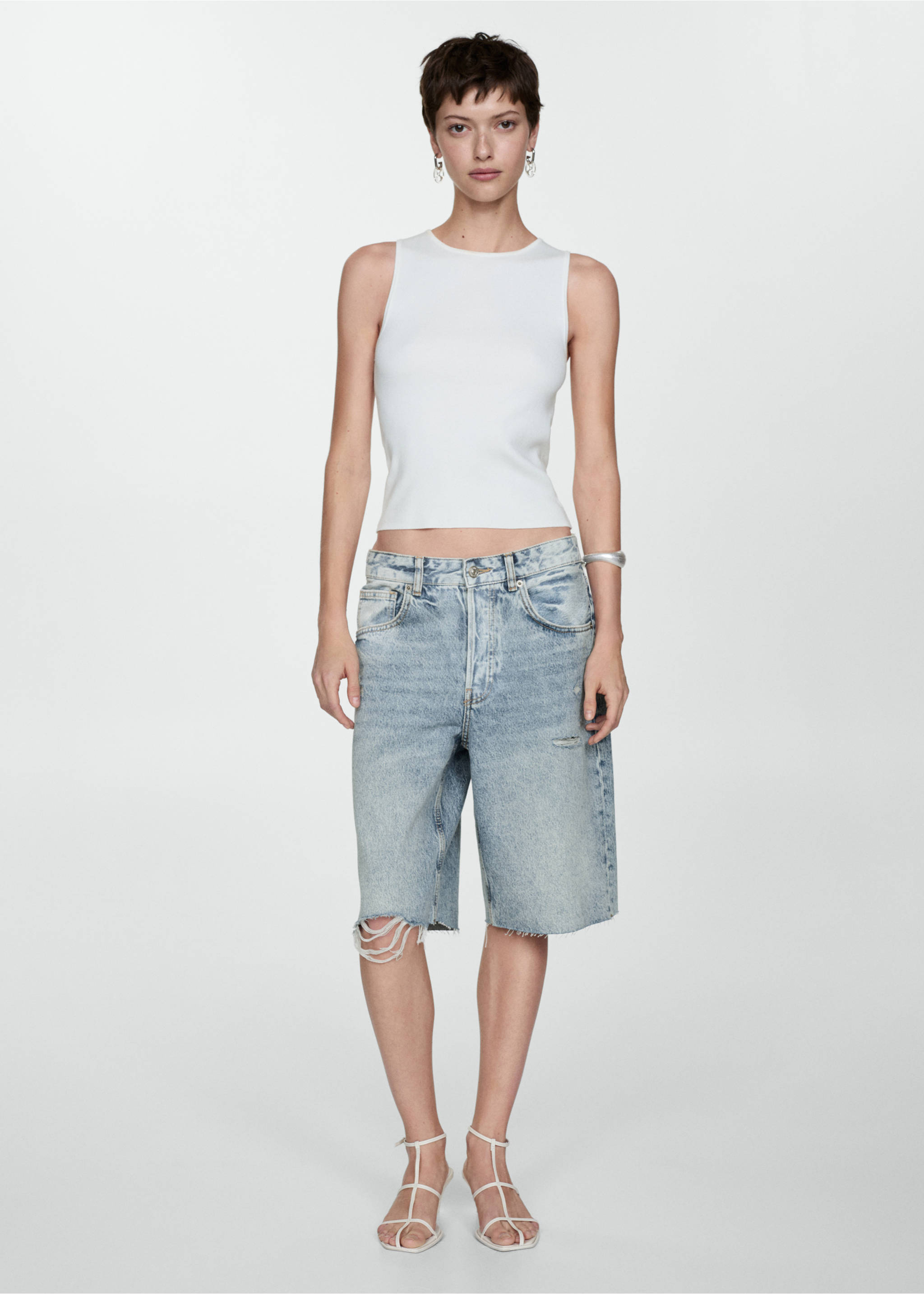 Decorative ripped denim bermuda shorts - General plane, Medium Blue. Ref: 67039045-00.