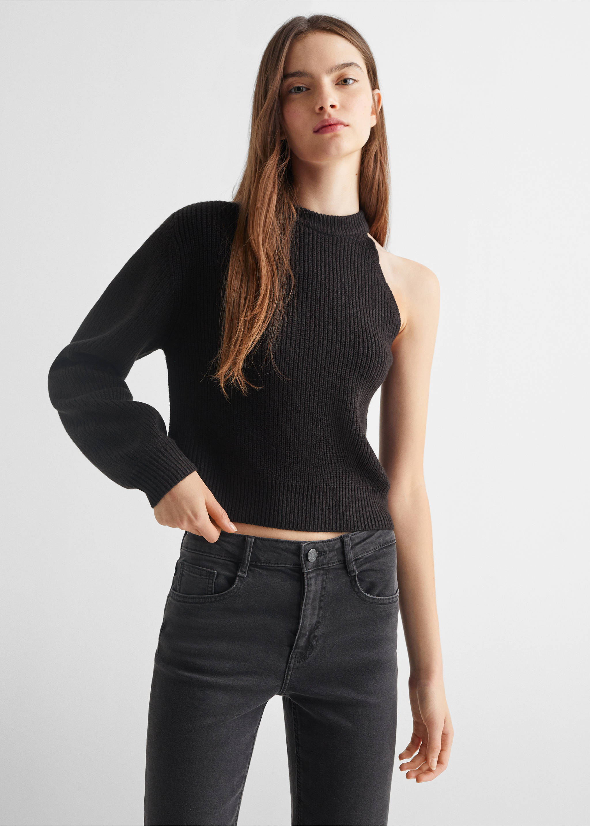 Asymmetric knit sweater - Medium plane, Black. Ref: 67040274-00.