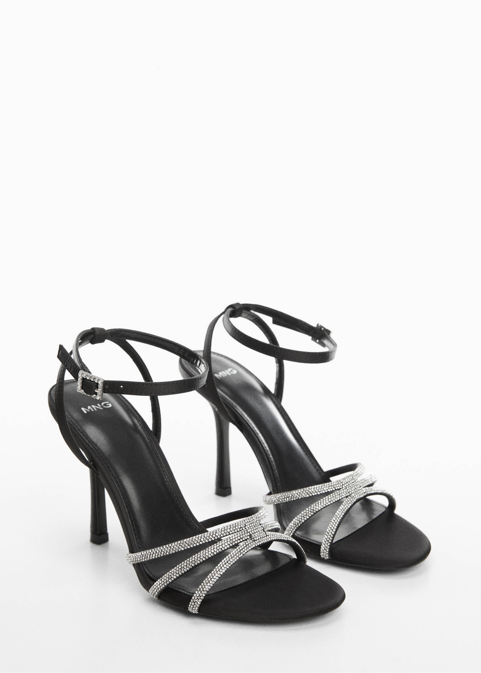 Heeled sandals with rhinestone straps - Medium plane, Black. Ref: 67040293-00.