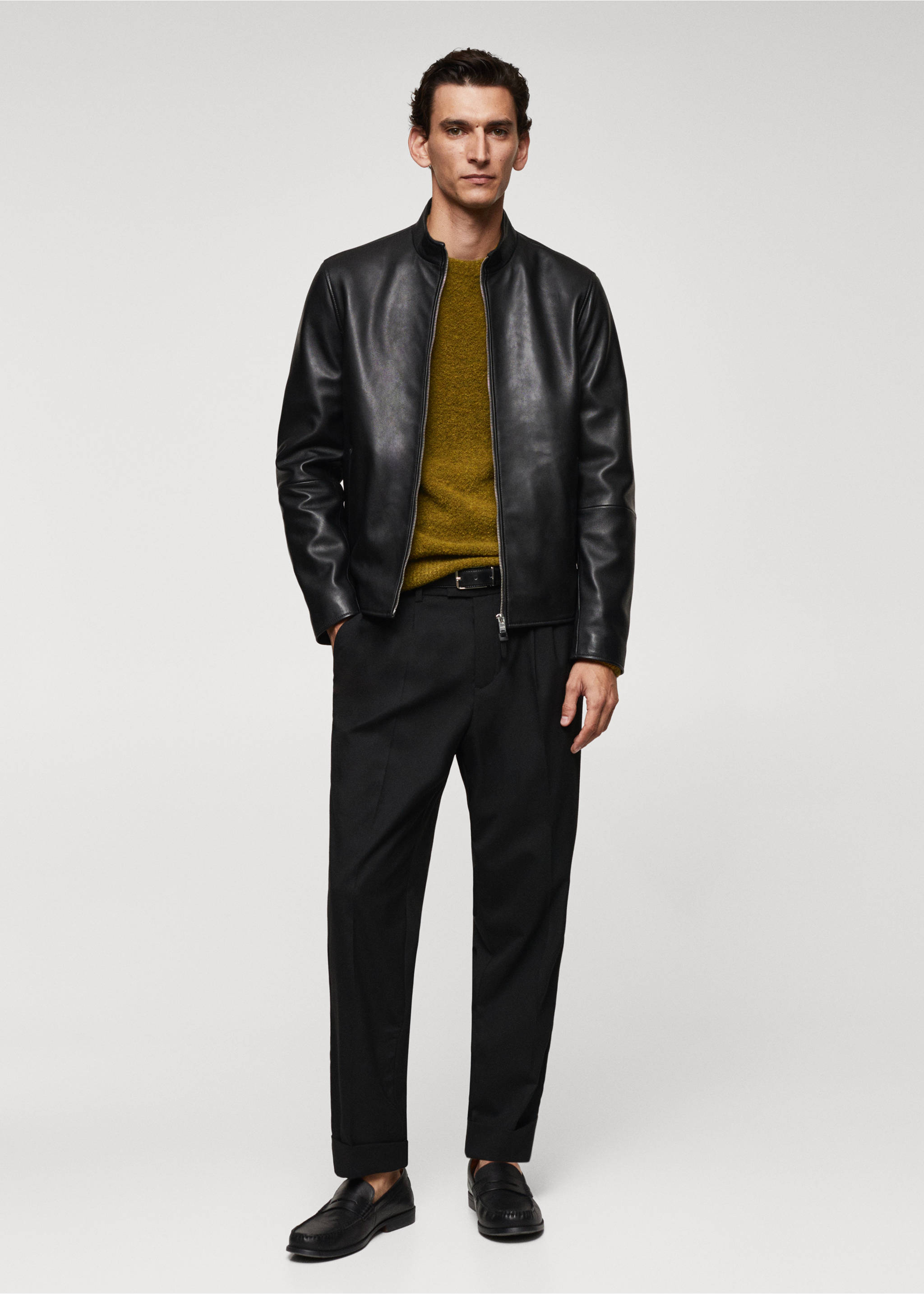 Zip-detail leather biker jacket - General plane, Black. Ref: 67040619-00.