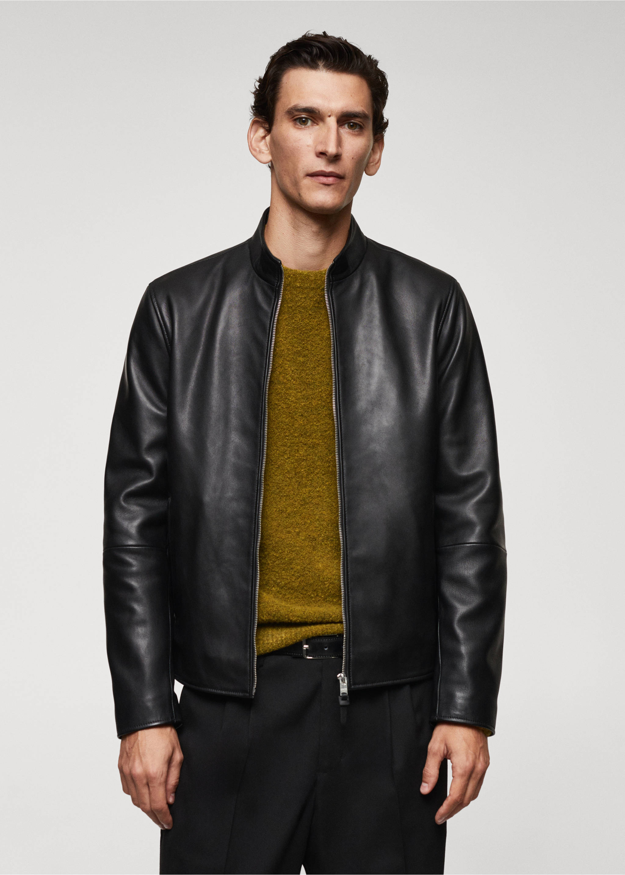 Zip-detail leather biker jacket - Medium plane, Black. Ref: 67040619-00.