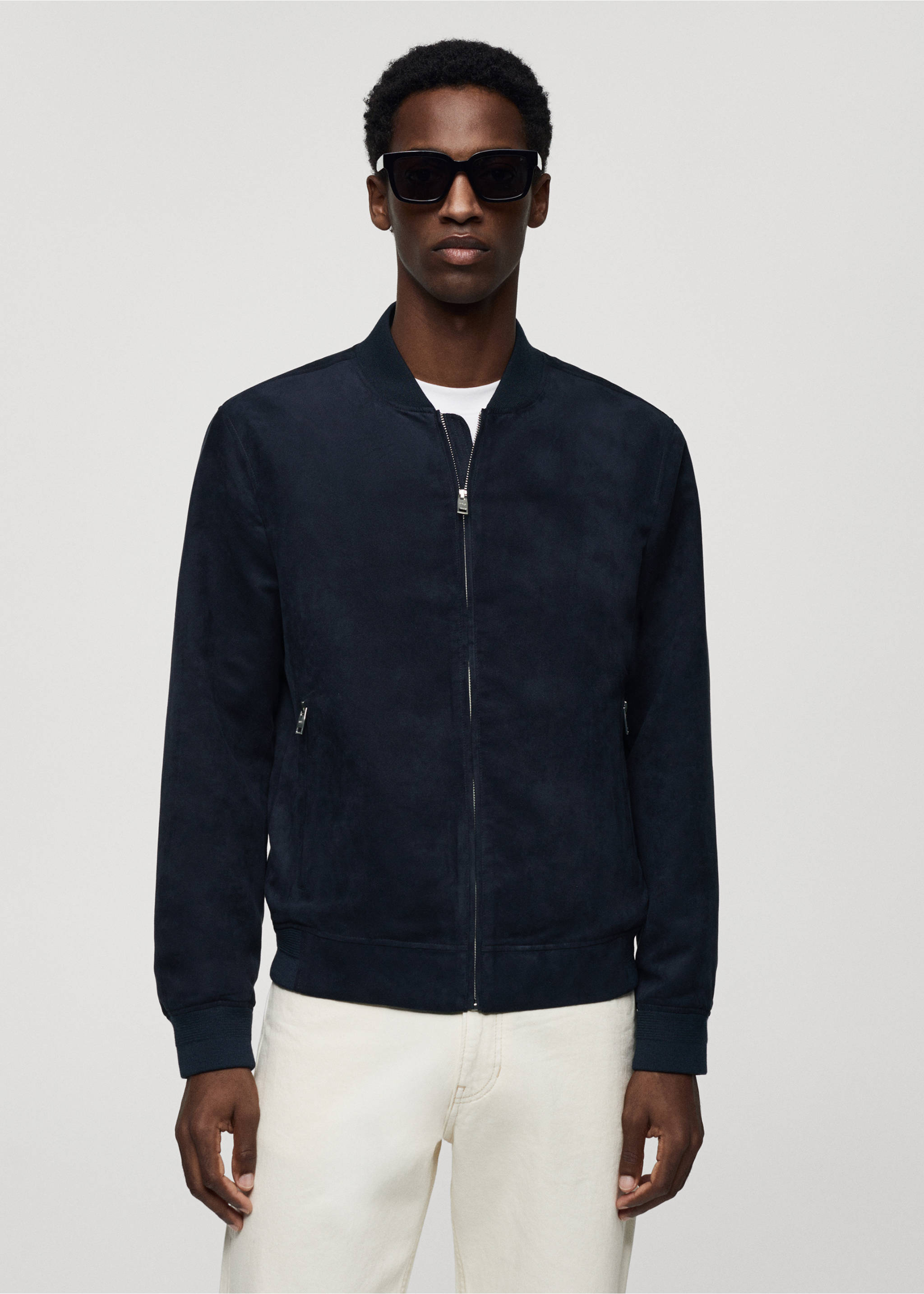 Suede-effect bomber jacket - Medium plane, Dark Navy. Ref: 67044439-00.