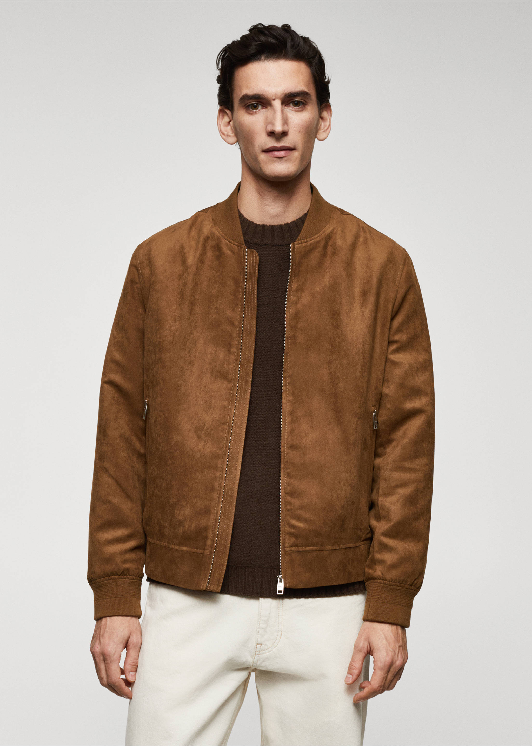 Blouson bomber imitation daim - Plan moyen, Cognac. Ref: 67044439-00.