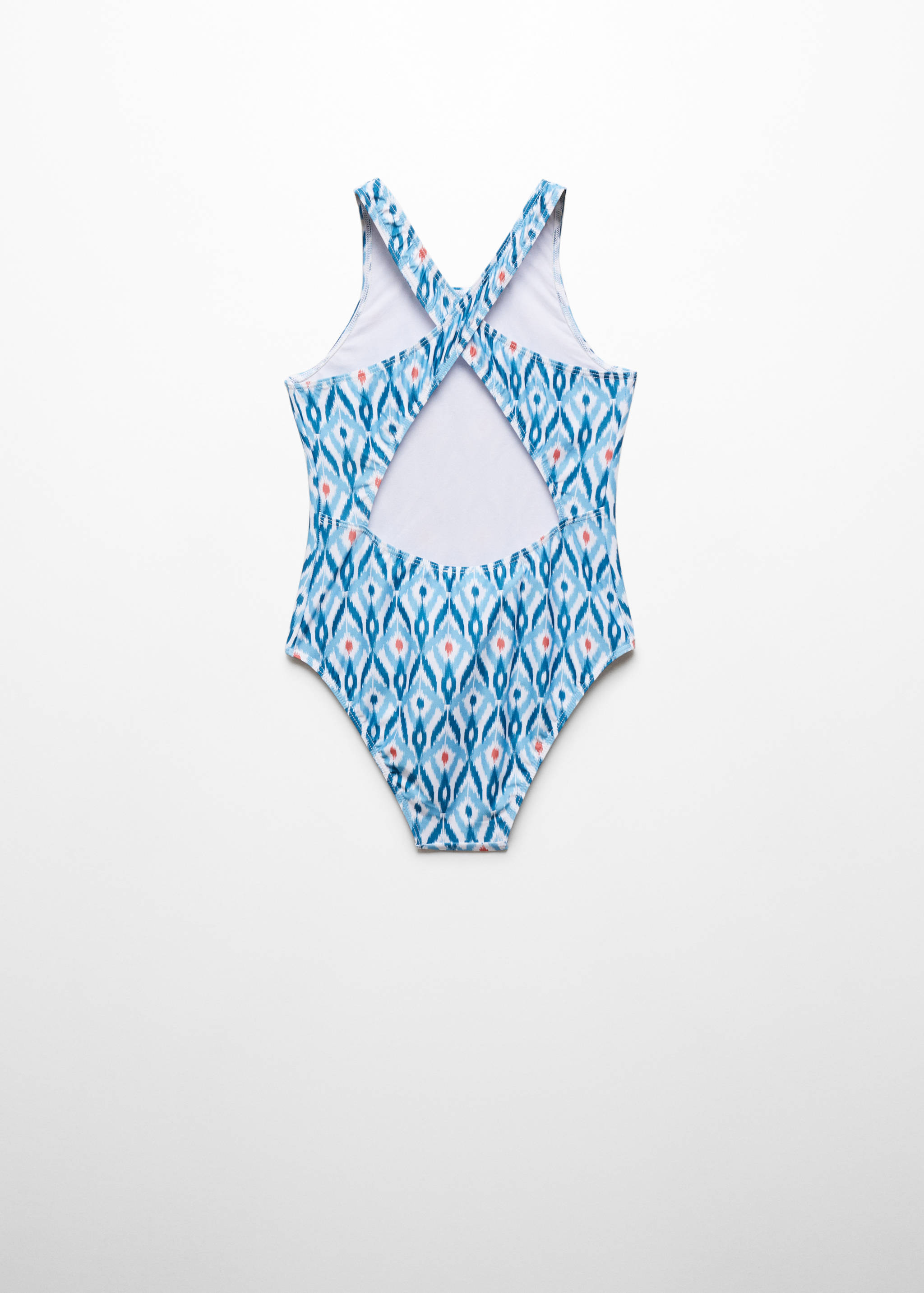 Gemusterter Badeanzug mit überkreuzten Trägern - Rückseite des Artikels