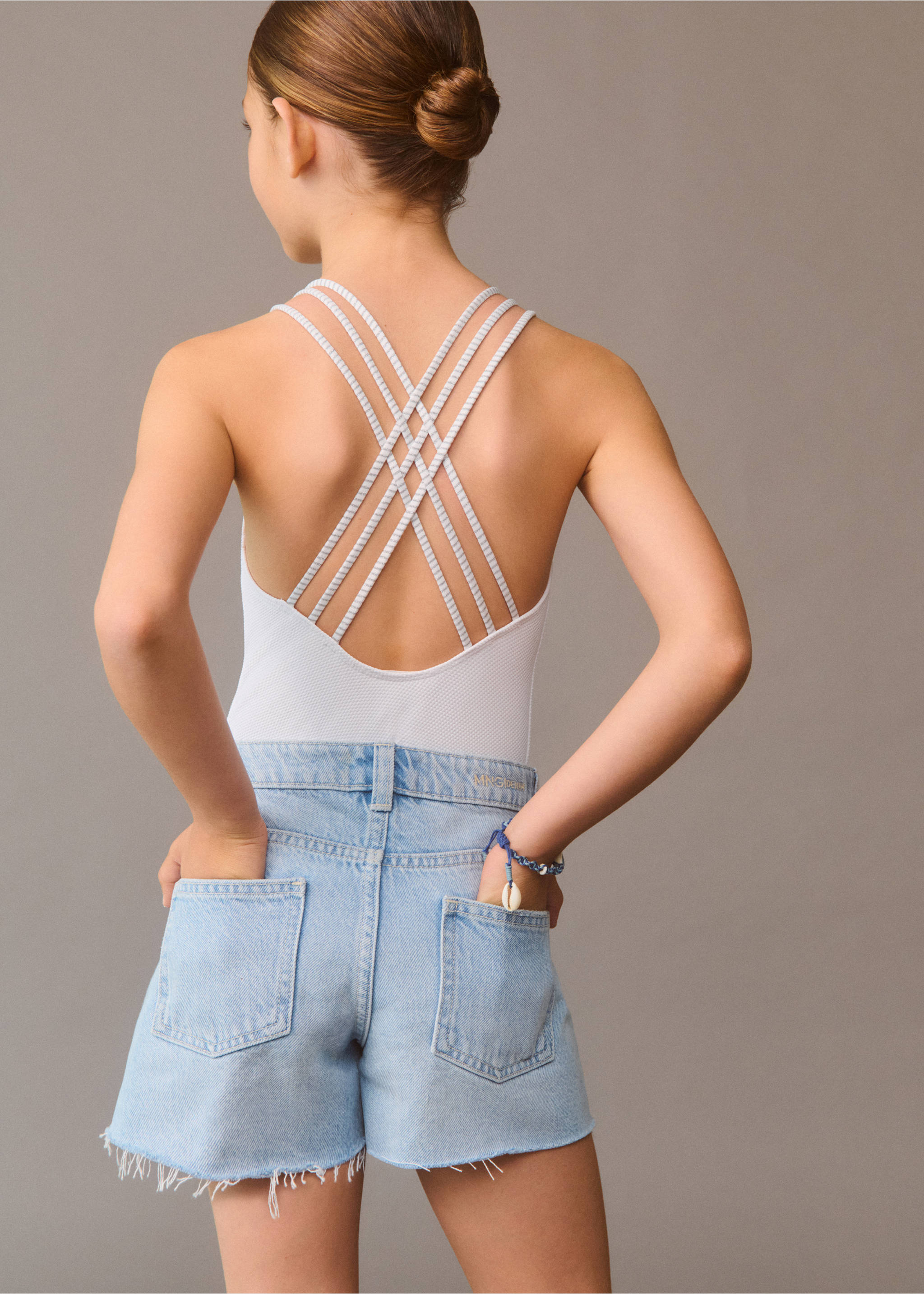 Denim shorts with frayed hem - Details of the article 6, Light Blue. Ref: 67047918-00.
