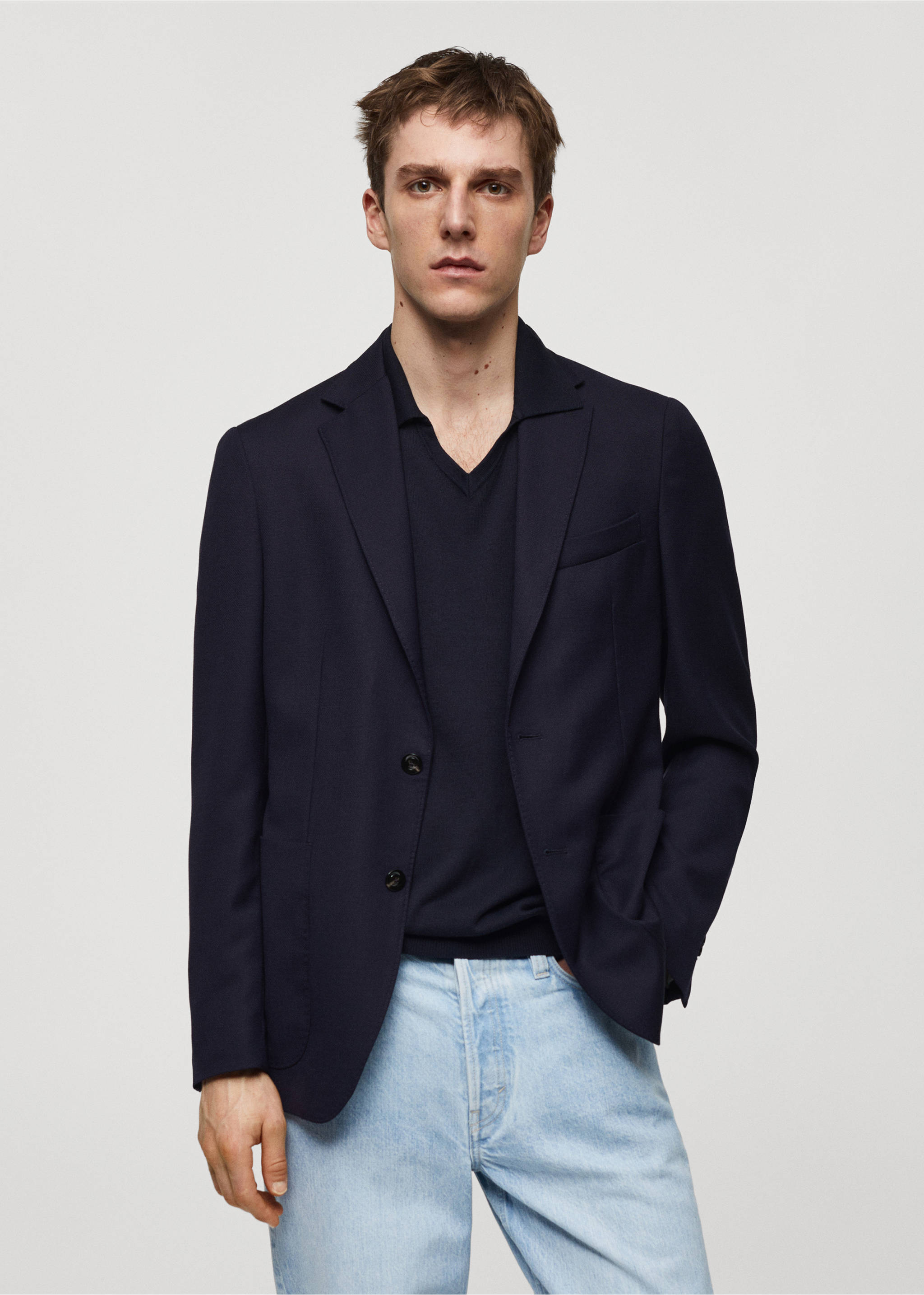 100% Italian virgin wool slim-fit suit jacket - Medium plane, Dark Navy. Ref: 67048267-00.