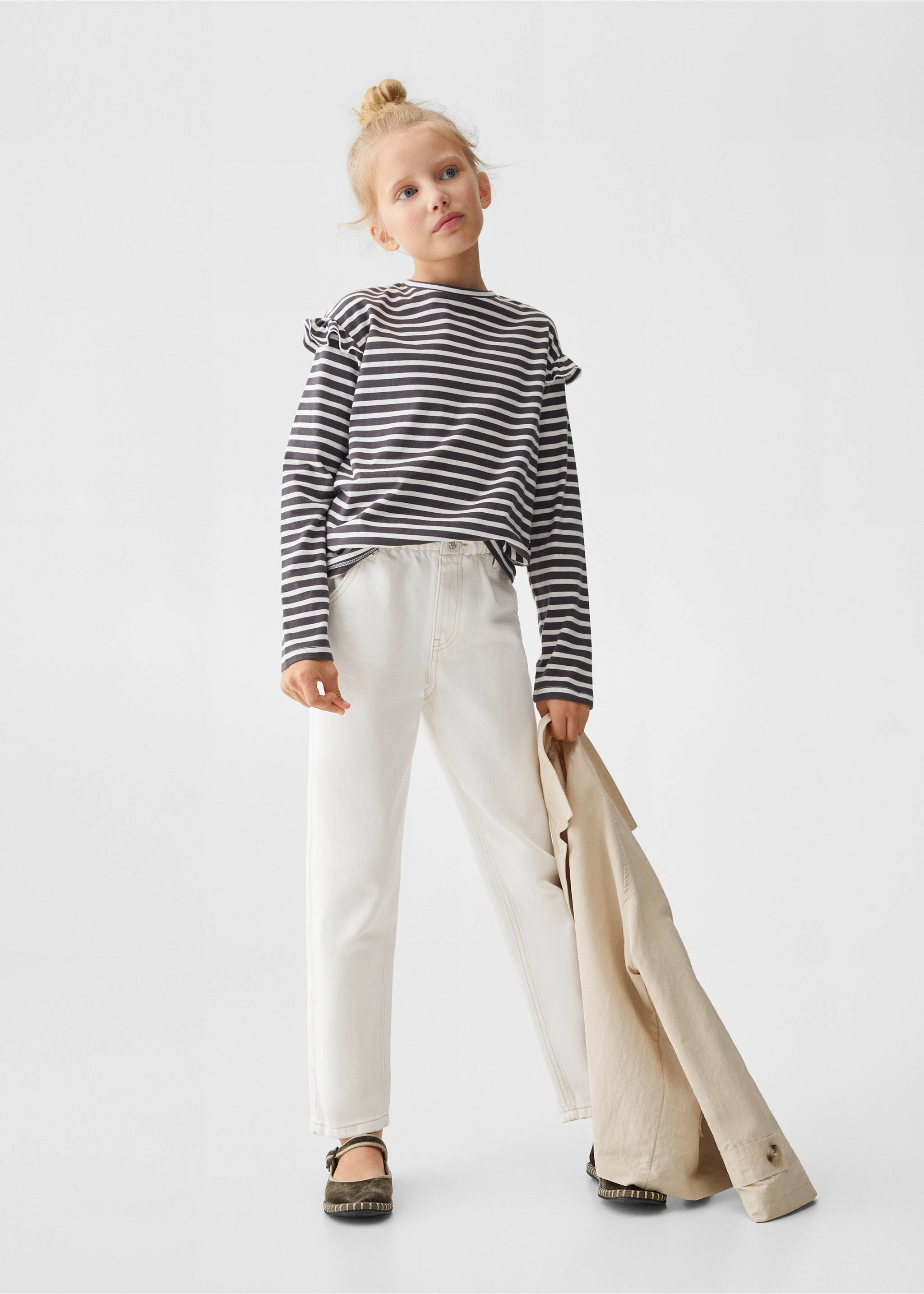 Striped ruffle sleeve t-shirt - General plane, Charcoal. Ref: 67050665-00.