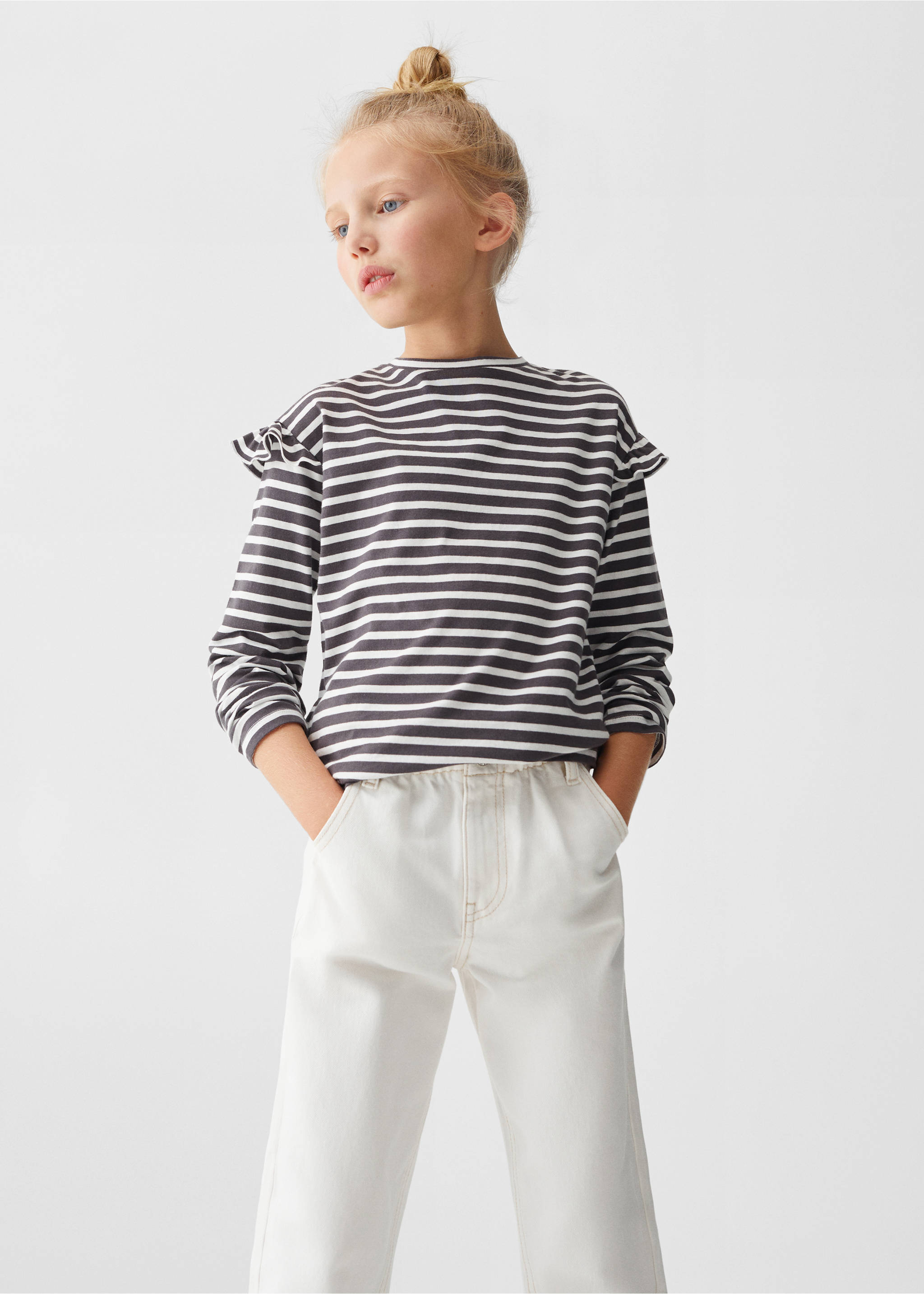 Striped ruffle sleeve t-shirt - Medium plane, Charcoal. Ref: 67050665-00.