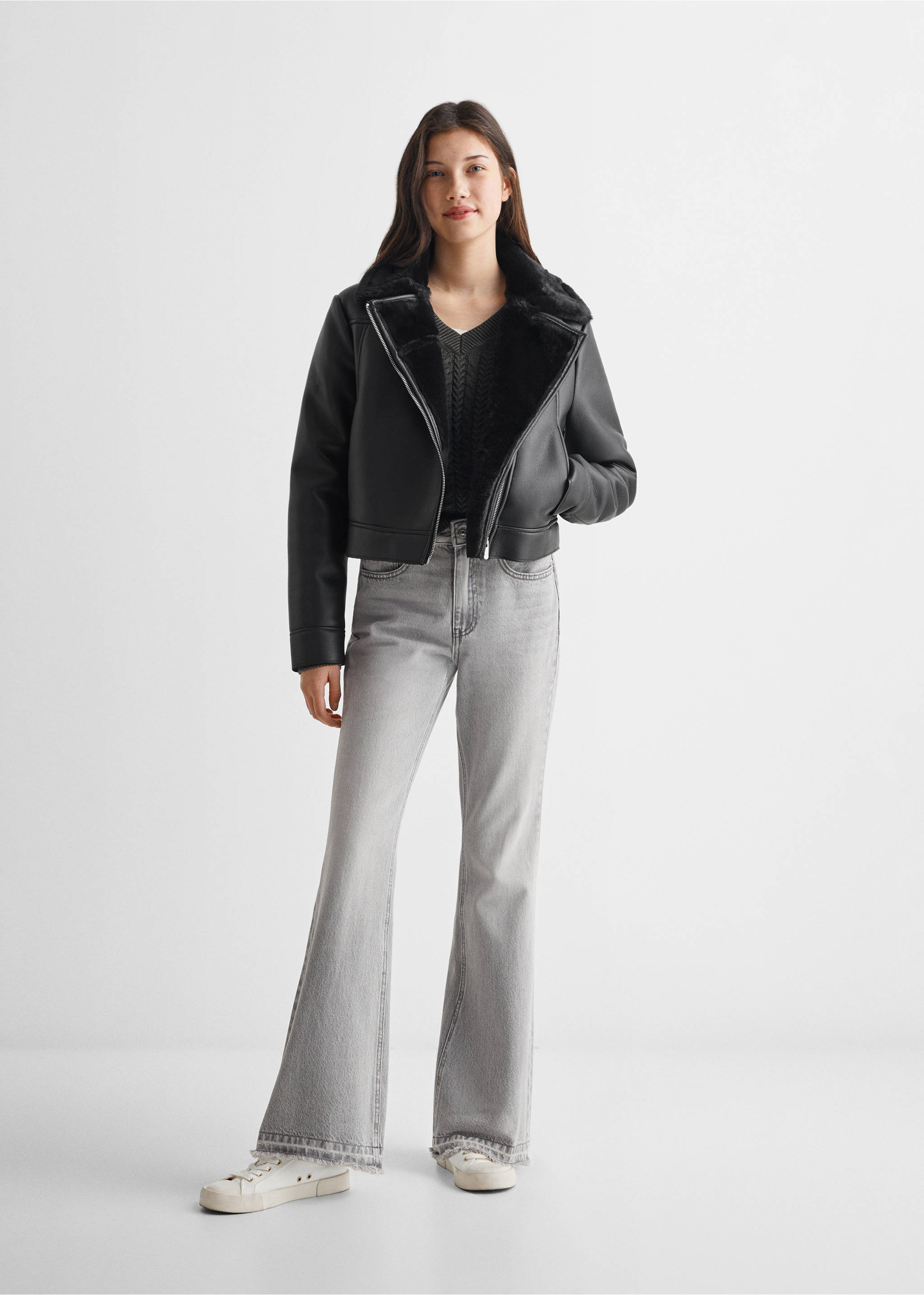 Biker jacket with shearling-effect lining - General plane, Black. Ref: 67050679-00.