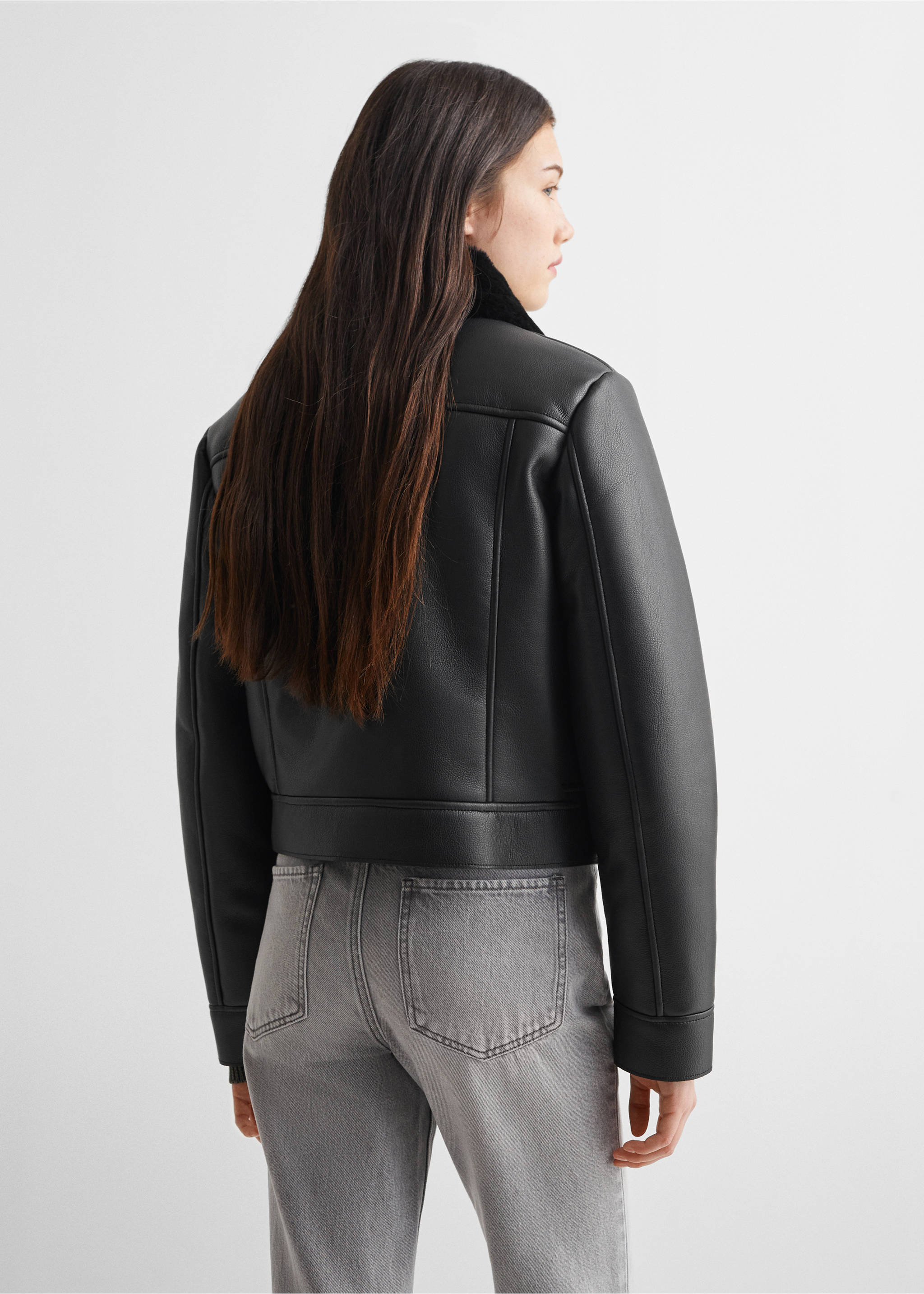 Biker jacket with shearling-effect lining - Reverse of the article, Black. Ref: 67050679-00.