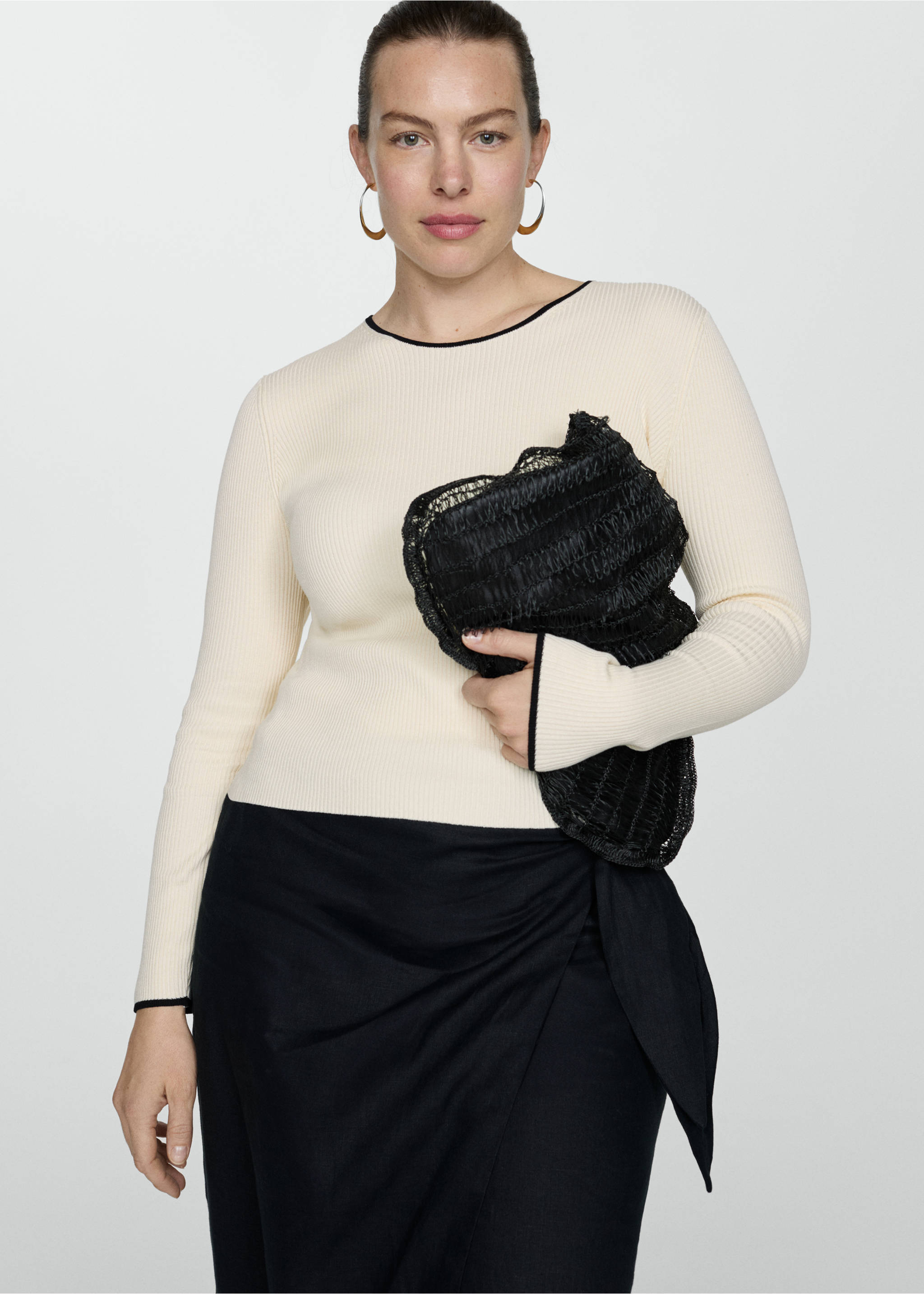 Contrast trim sweater - Details of the article 5, Ecru. Ref: 67054034-00.