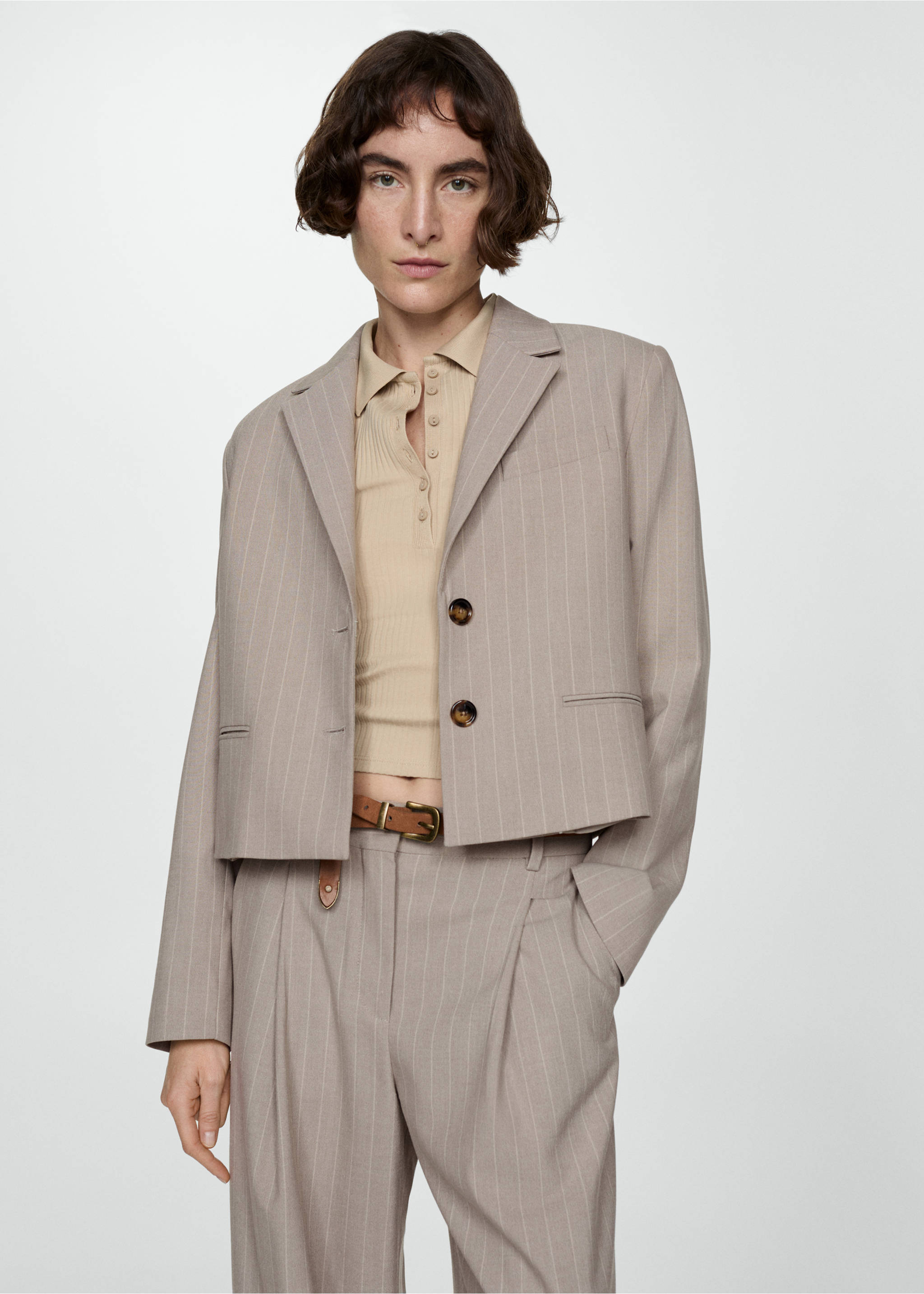 Cropped pinstripe blazer - Medium plane, Beige. Ref: 67054045-00.