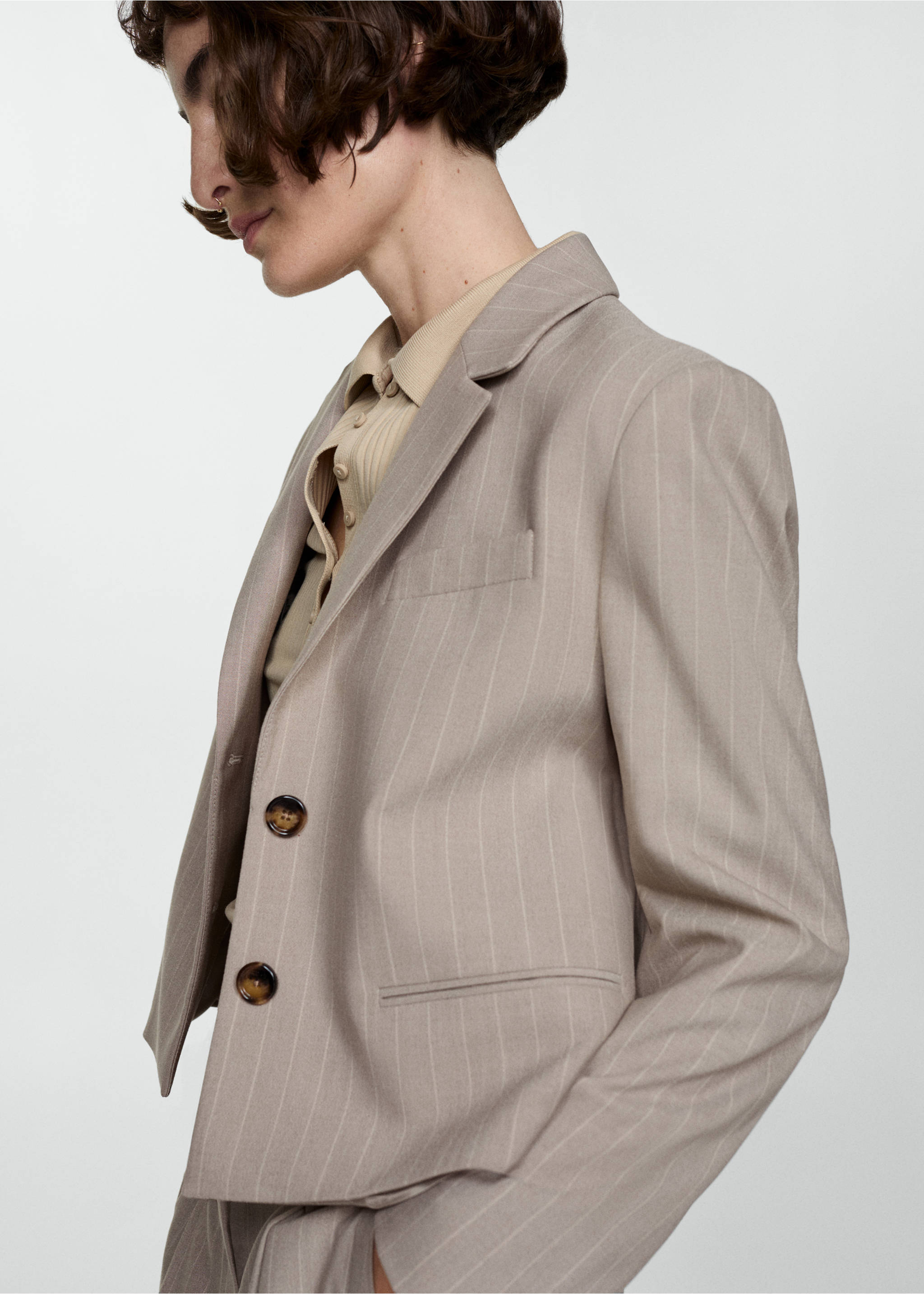 Cropped pinstripe blazer - Details of the article 1, Beige. Ref: 67054045-00.