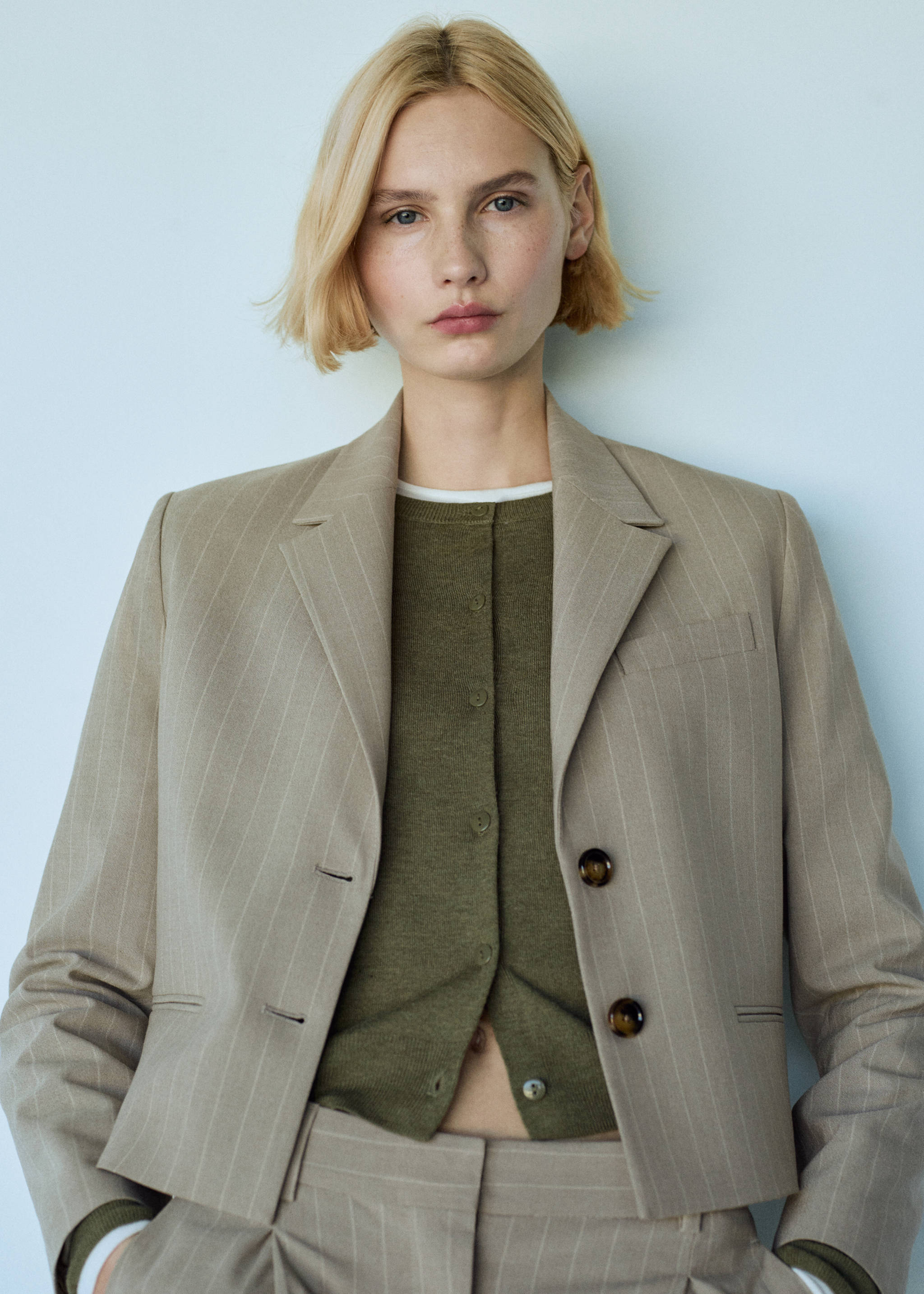 Cropped pinstripe blazer - Details of the article 7, Beige. Ref: 67054045-00.